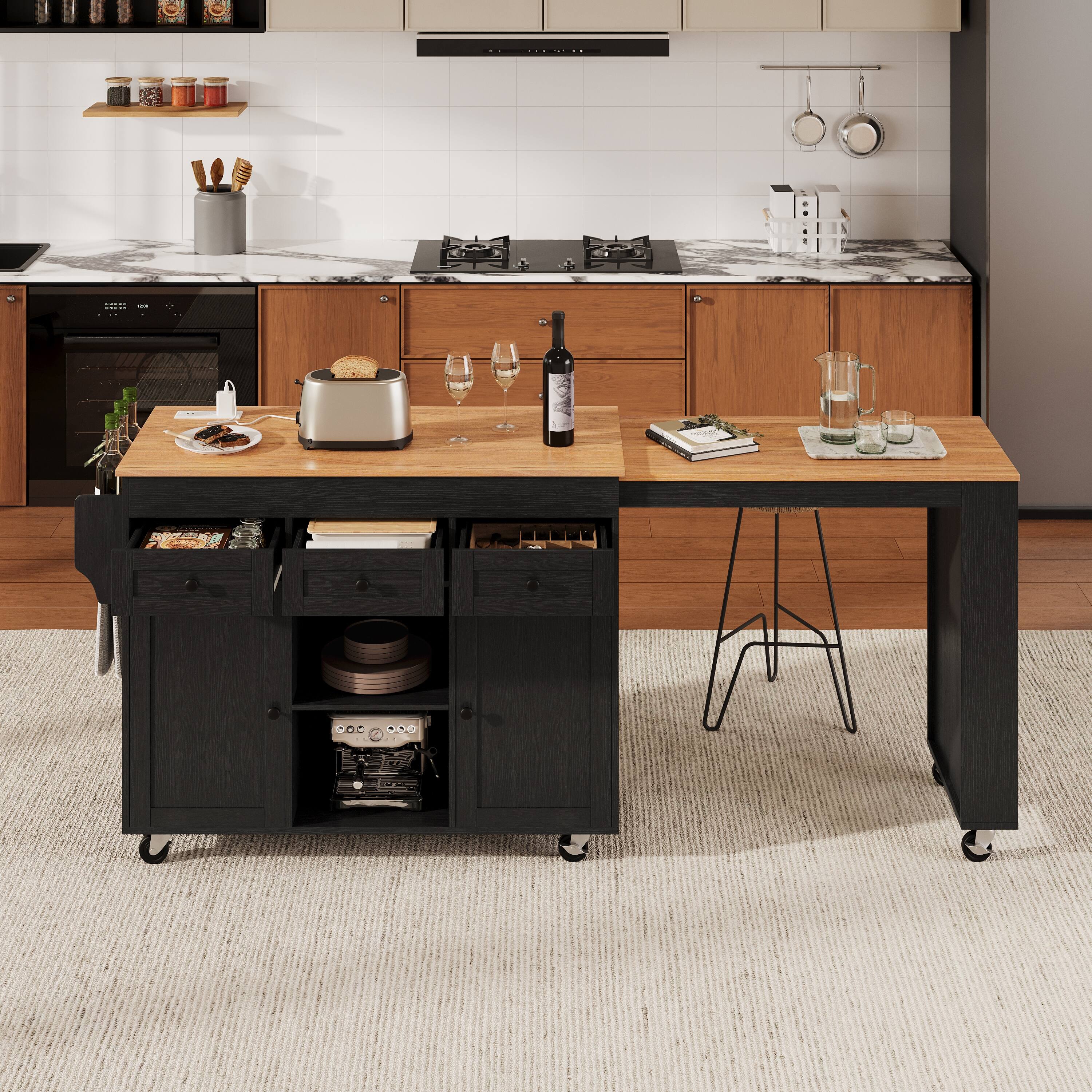 Alt View 5. Bestier - 85.5-Inch Rolling Kitchen Island with Extendable Dining Table, Power Outlet, 3 Drawers, 2 Doors and Side Open Shelves - Black.