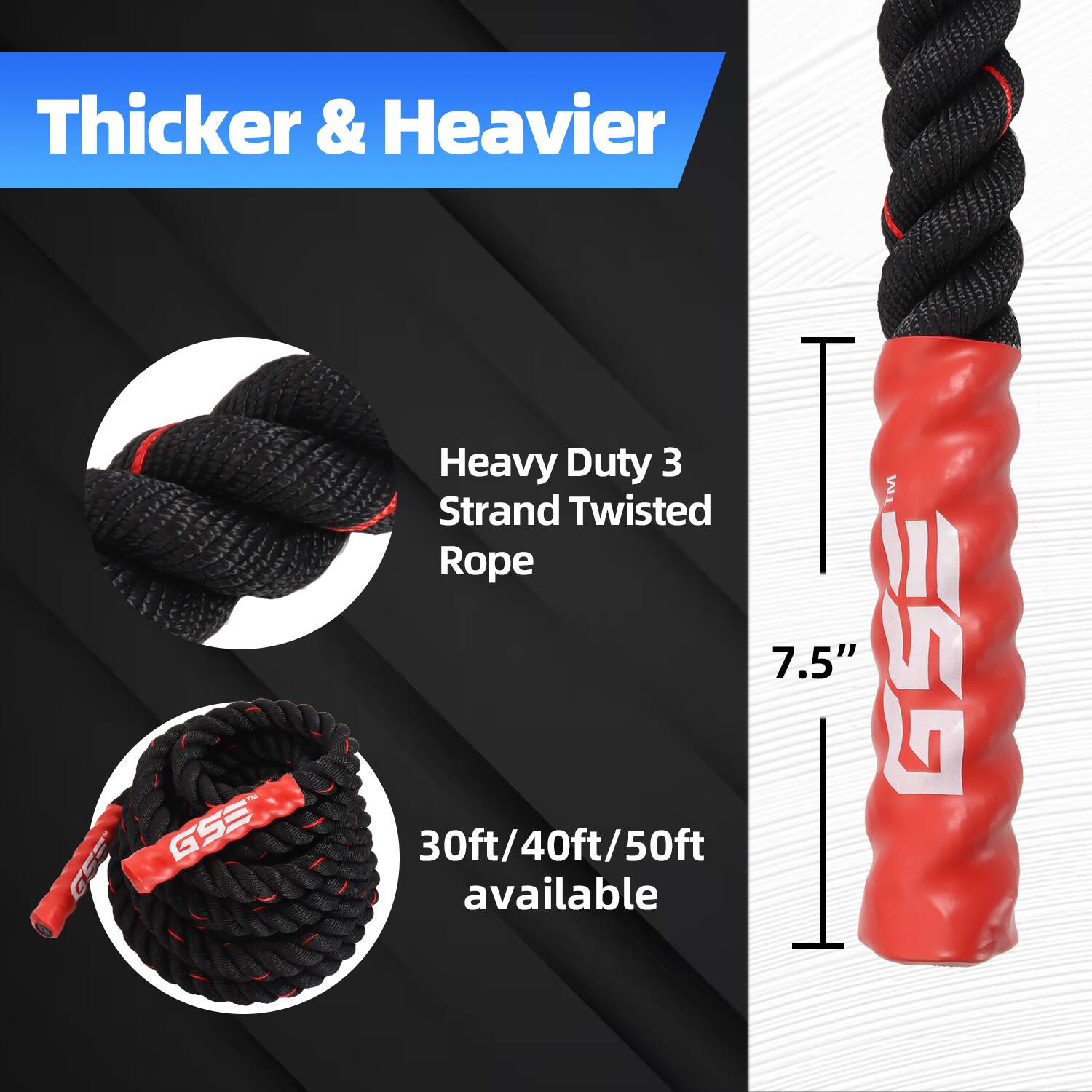 Thicker & Heavier

Heavy Duty 3 Strand Twisted Rope

7.5"

30ft/40ft/50ft available