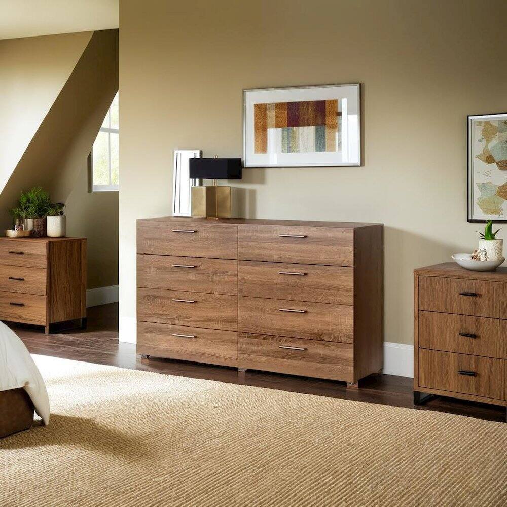Alt View 3. FurniFact - Elegant 8 Drawer Dresser in Truffle Oak for Modern Bedroom Storage Solutions - Truffle Oak.