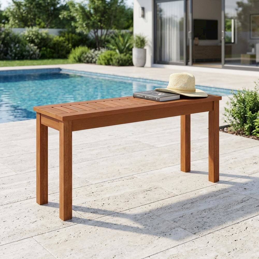 Left. Outdoor Escape - Teak Oil Hardwood Outdoor Backless Bench With Neutral Finish For Patio Use - Natural.