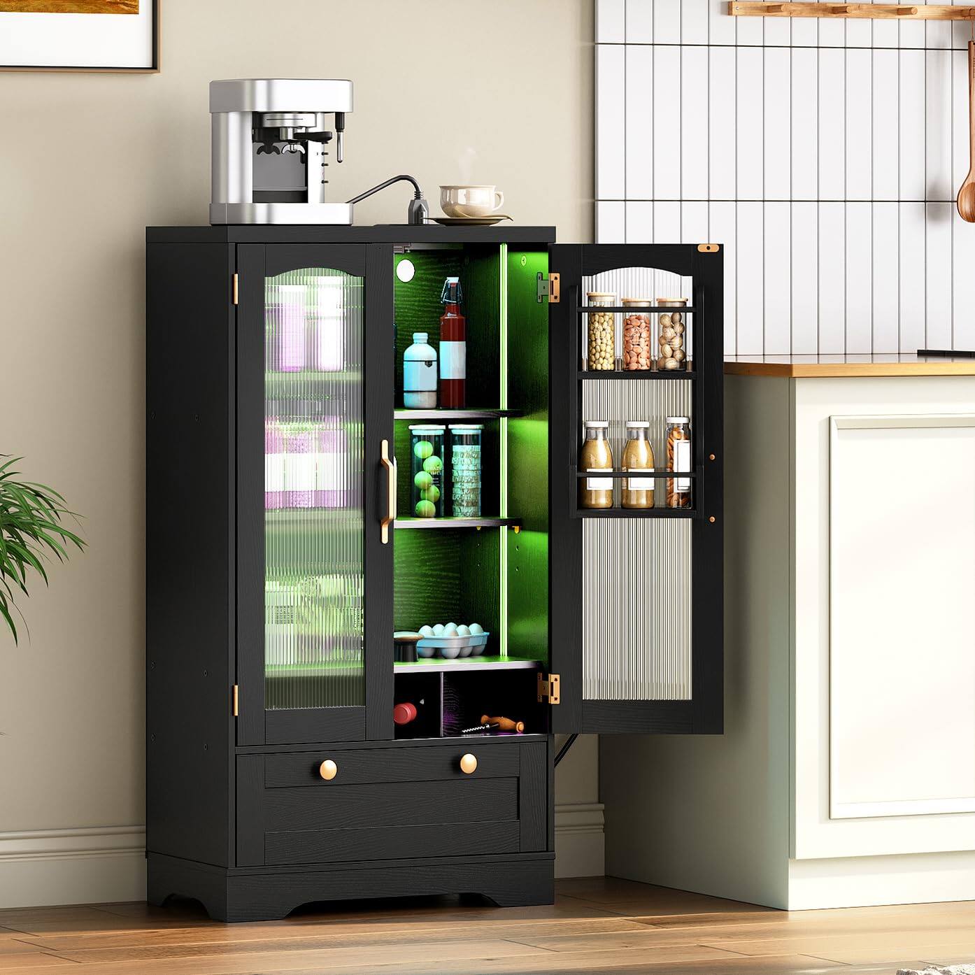 Hirose Alice - Pantry Cabinet With Led Lights And Charging Station Cupboard Utility Hutch Storage & Microwave Stand Buffet For - Default