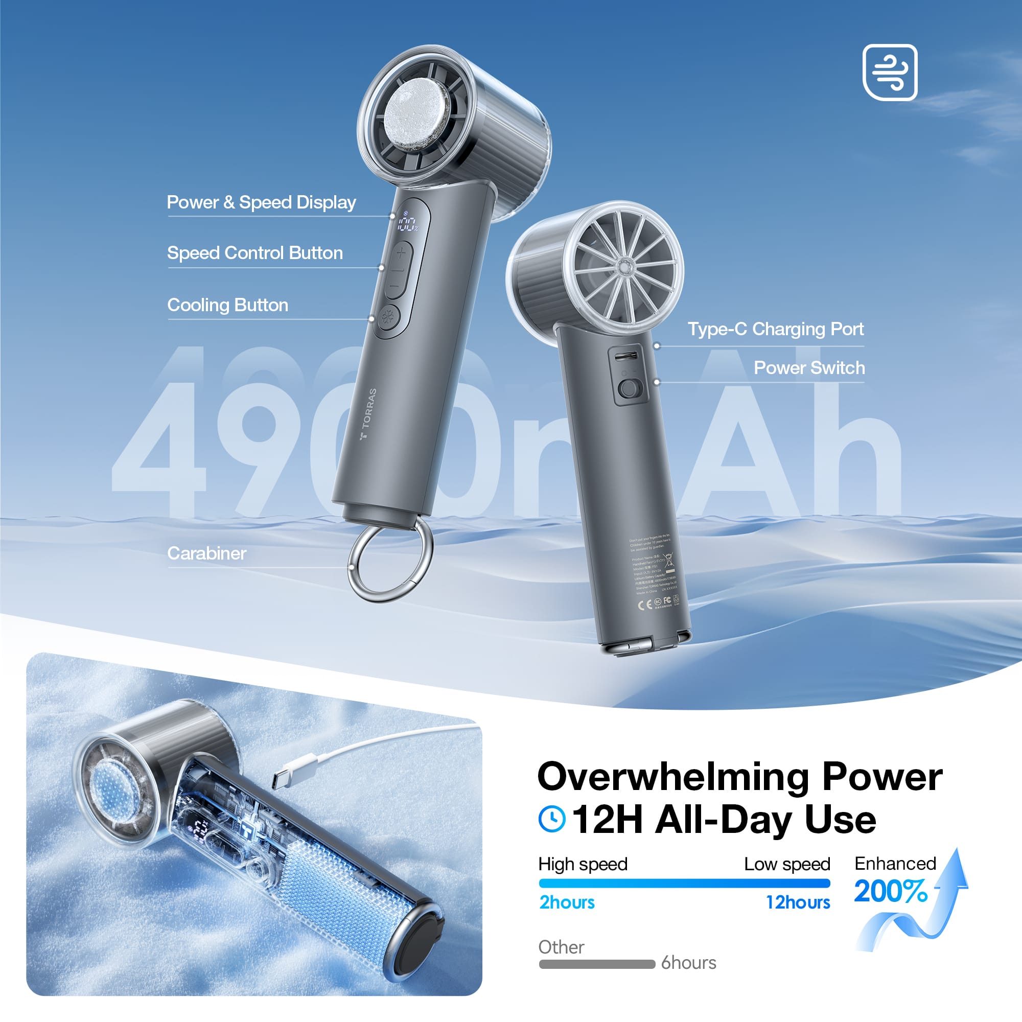 The image features two portable devices with a carabiner attached to them. The devices are powered by a rechargeable battery and have a power switch, speed control button, and cooling button. They are designed for 12-hour all-day use and have a high-speed and low-speed option. The devices are made by Torras and are available in a 490 mAh model. The image also provides information on the battery life and charging capabilities of the devices.