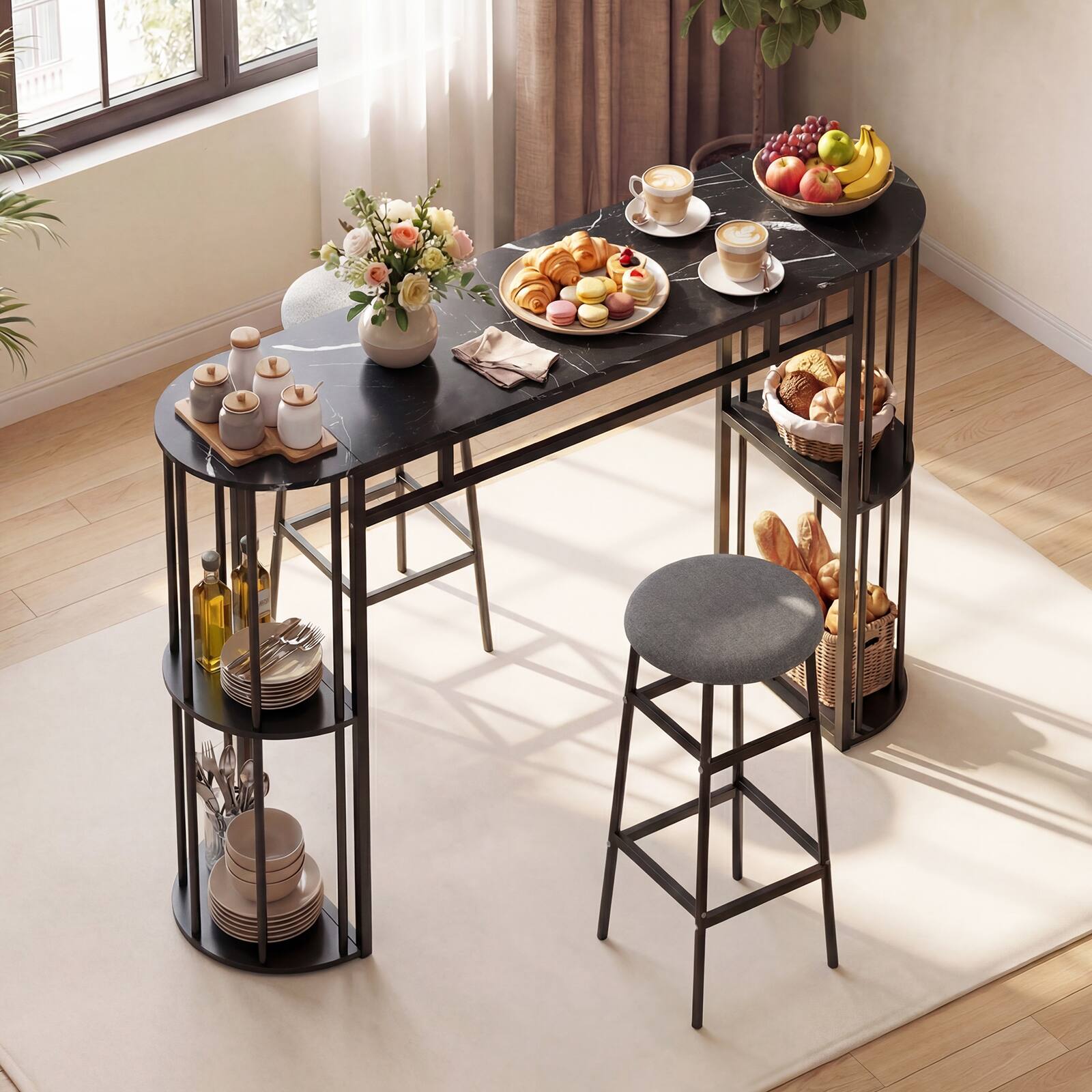 Alt View 1. Gymax - Gymax 3 Pieces 60'' Bar Table Set for 2 w/ Faux Marble Tabletop & Storage Shelves - Black.