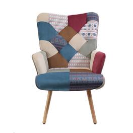 FERPIT - Patchwork Upholstered Wingback Accent Chair with Rubberwood Legs - Striped Navy Patchwork