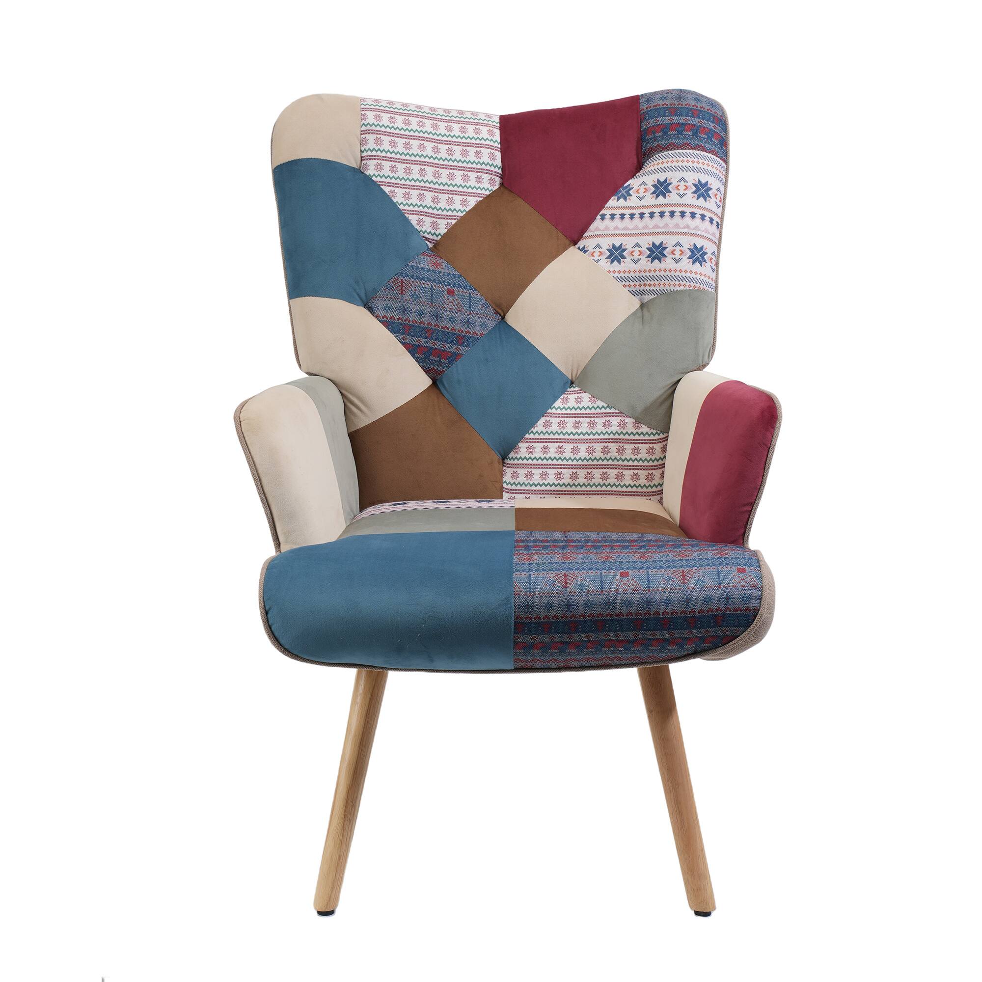Front. FERPIT - FERPIT Patchwork Upholstered Wingback Accent Chair with Rubberwood Legs, Striped Navy Patchwork - Striped Navy Patchwork.