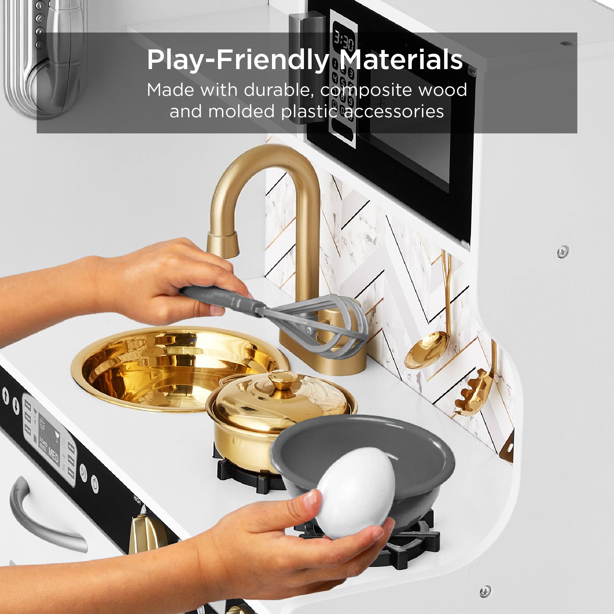 Play-Friendly Materials  
Made with durable, composite wood and molded plastic accessories