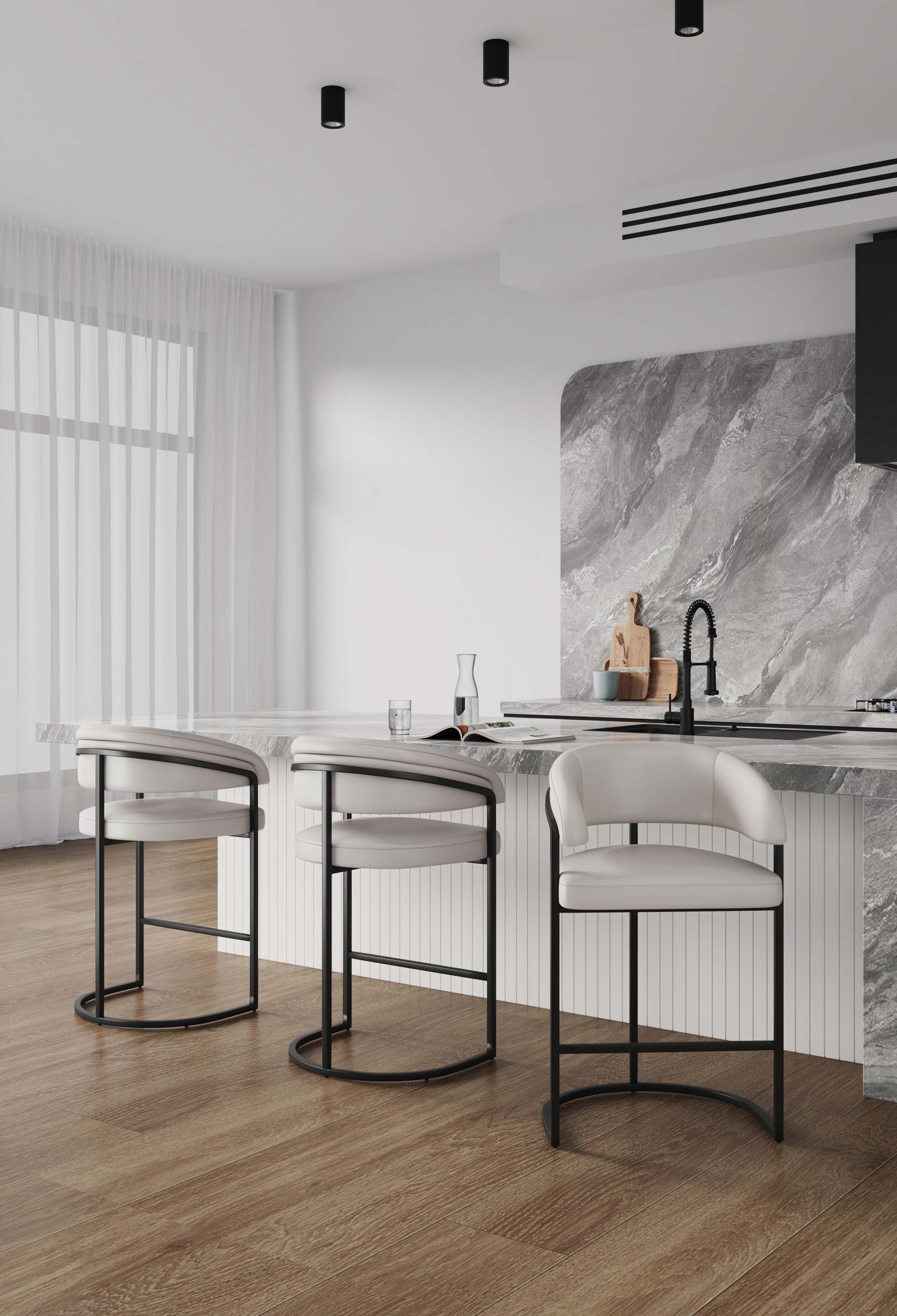 Angle. Manhattan Comfort - Augusta Modern Metal Upholstered Counter Stool - Set of 3 - Light Gray.