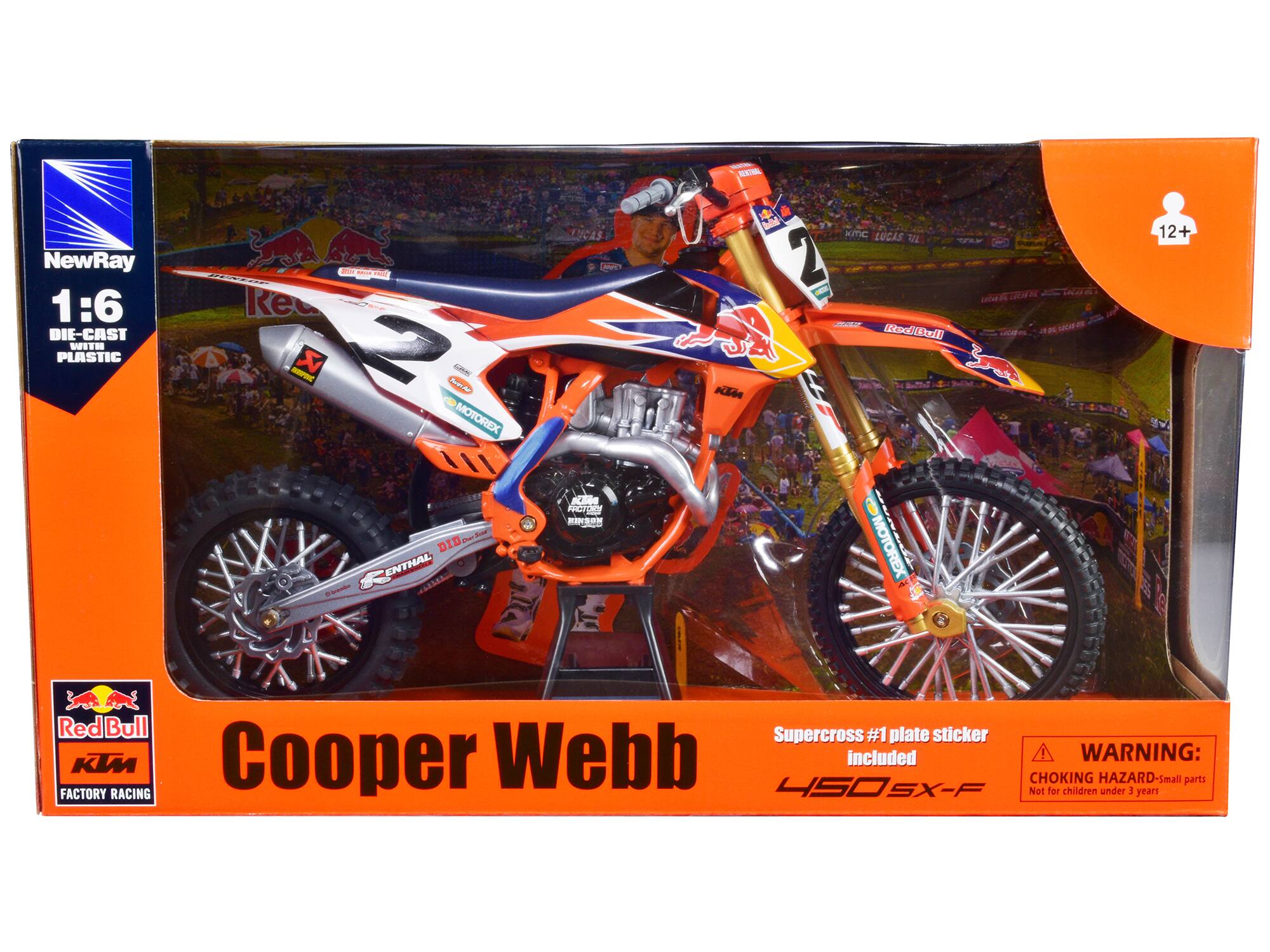 NewRay  
1:6  
DIE-CAST WITH PLASTIC  

Cooper Webb  
Red Bull KTM  
FACTORY RACING  

Supercross #1 plate sticker included  

WARNING: CHOKING HAZARD - Small parts  
Not for children under 3 years  

4SX-F  

12+