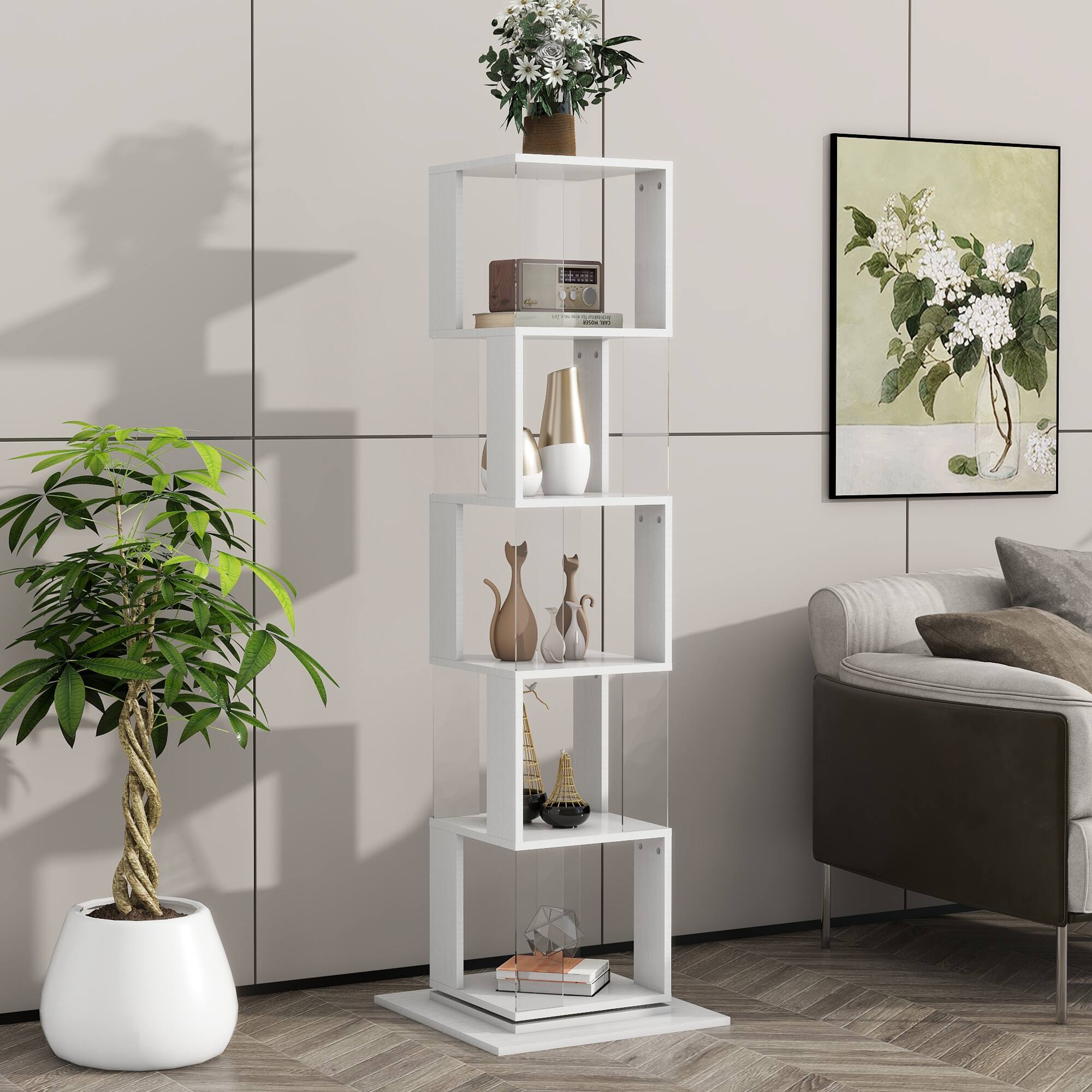Alt View 6. Tiramisubest - 5 Tier Rotating Bookshelf,Floor Rack Simple Bookcase,Multi-Function Creative Bookshelf with anti-toppling base,White - White.