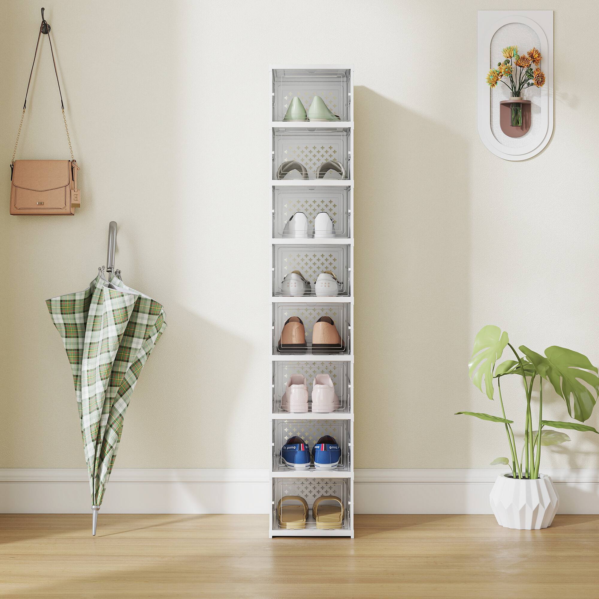 Alt View 9. Homcom - 8 Pack Foldable Shoe Organizer, Plastic No Assembly Stackable Shoe Storage Box with Clear Door, Space Saving - White.
