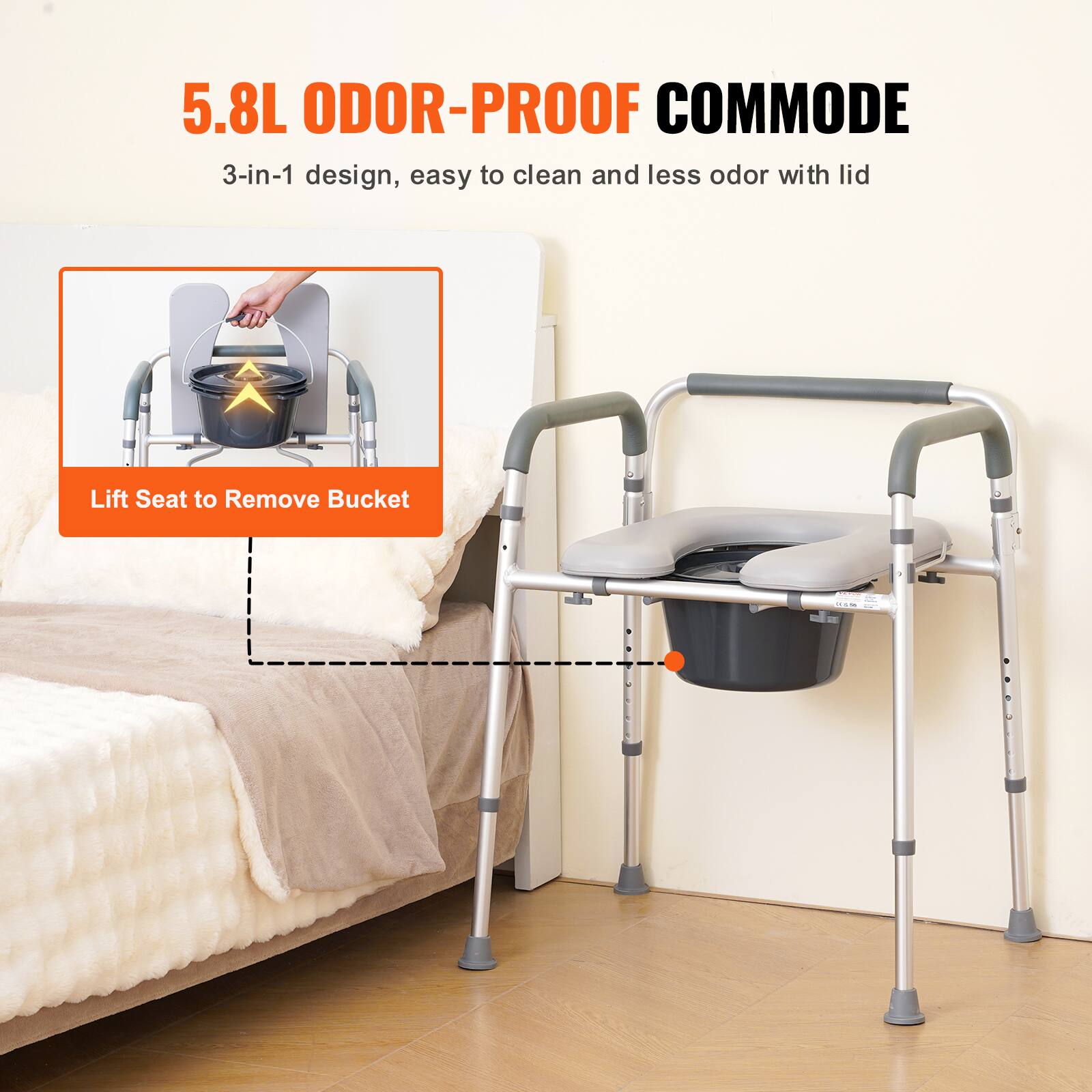 5.8L ODOR-PROOF COMMODE, 3-in-1 design, easy to clean and less odor with lid, Lift Seat to Remove Bucket
