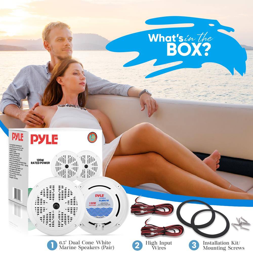 What's in the BOX?

1. PYLE 120W RATED POWER - PYLE C PLMRSTW 120W 6.5" Dual Cone White Marine Speakers (Pair)
2. High Input Wires
3. Installation Kit/ Mounting Screws