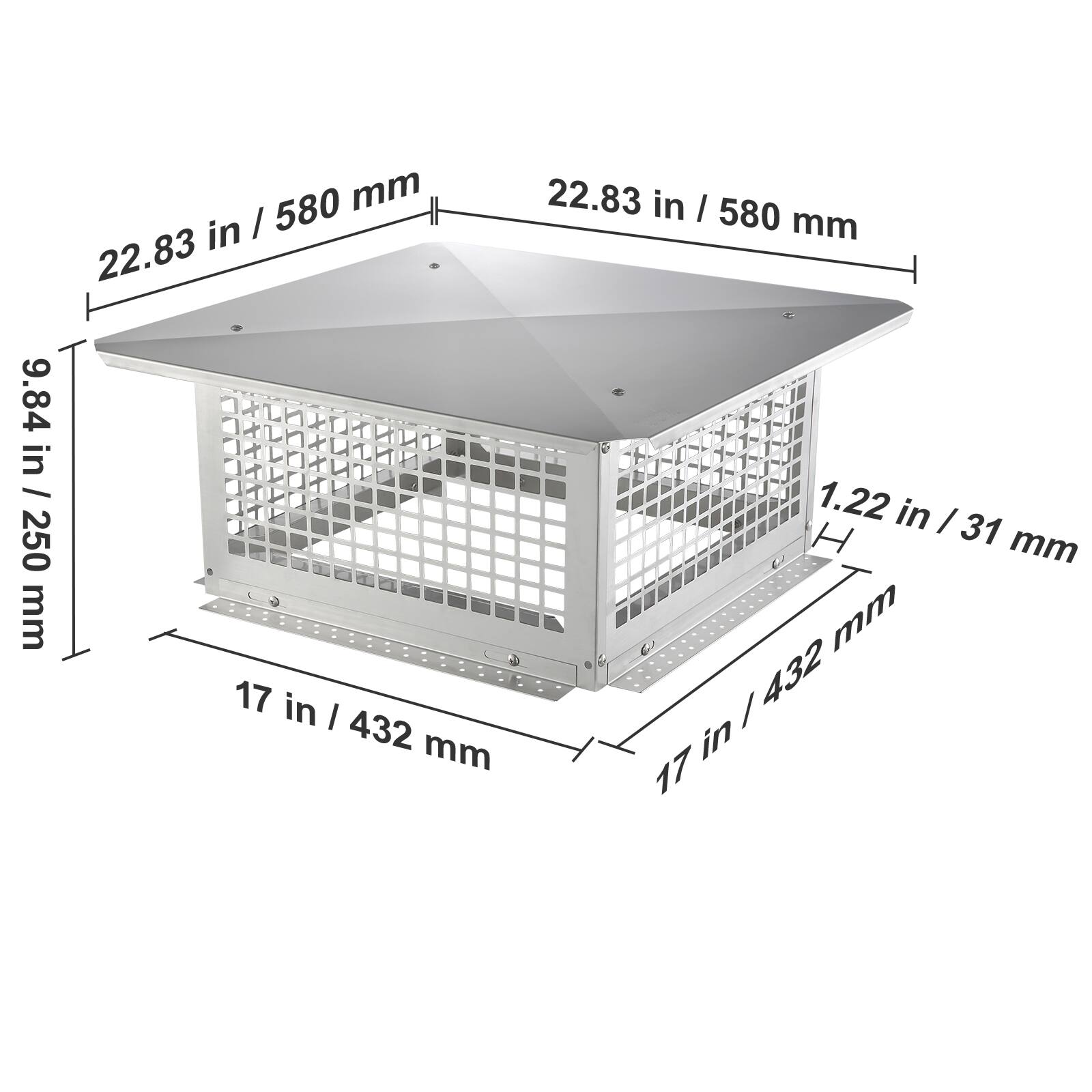 22.83 in / 580 mm  
9.84 in / 250 mm  
17 in / 432 mm  
1.22 in / 31 mm