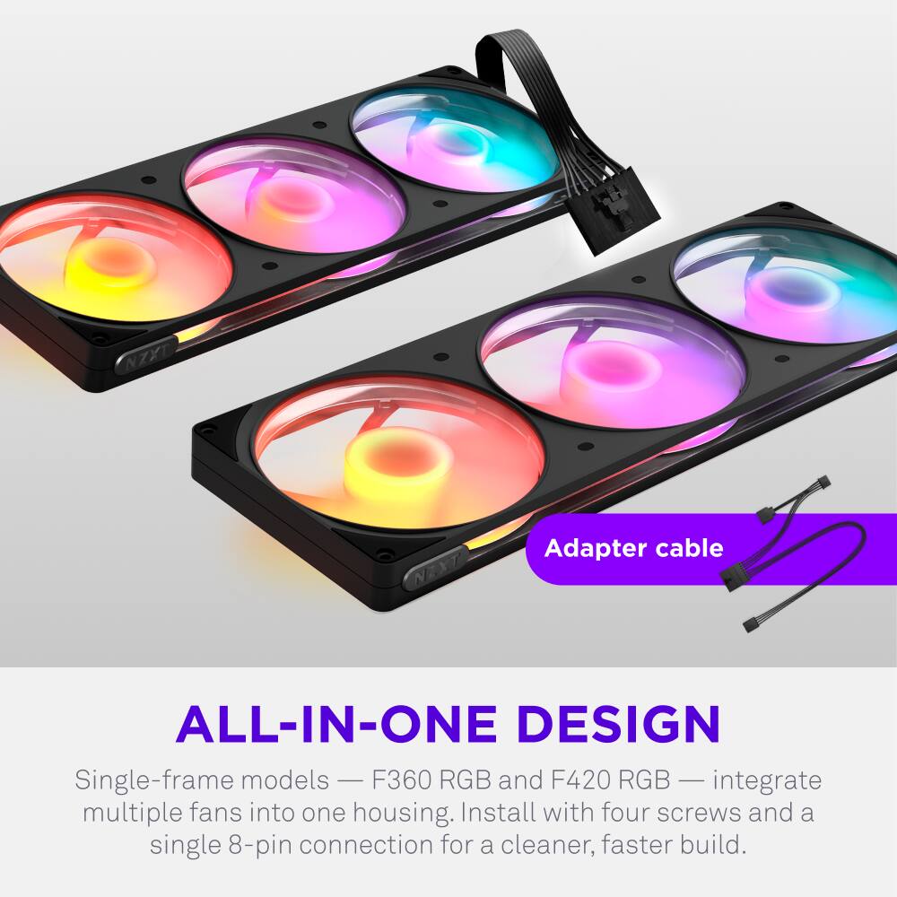 NZXT Adapter cable ALL-IN-ONE DESIGN

Single-frame models - F360 RGB and F420 RGB - integrate multiple fans into one housing. Install with four screws and a single 8-pin connection for a cleaner, faster build.