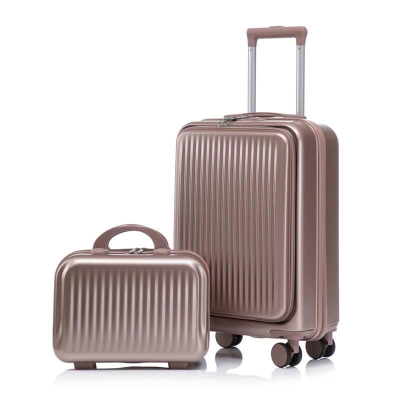 Angle. HTUTWOO - Set of 2 14" Cosmetic Case & 20" Luggage Set with Spinner Wheels - ABS Hardside Suitcase with TSA Lock, Front Opening , - Champagne.