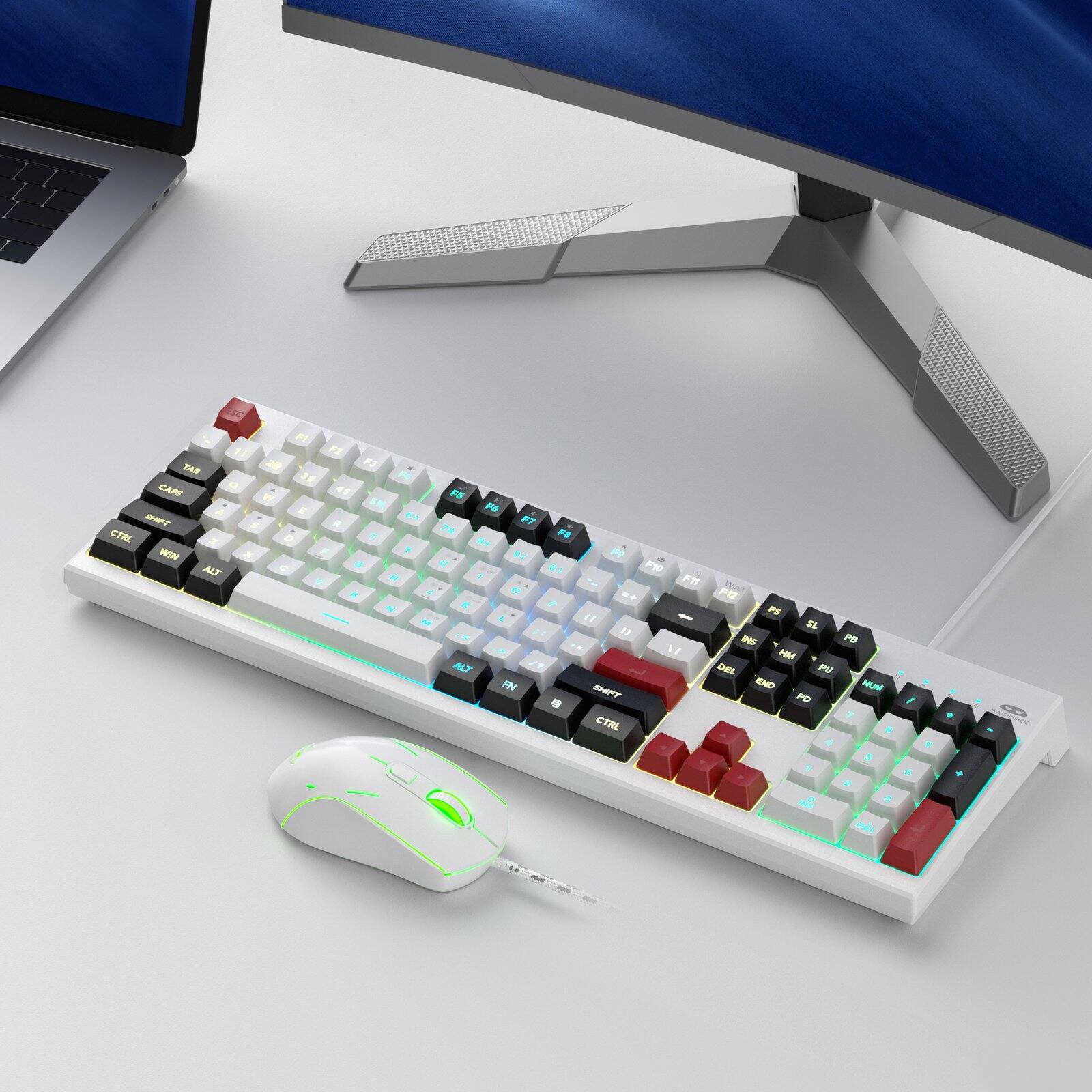ESC F1 11 F2 SAT 20 F3 . 30 N CAPS a 4$ W F5 E 5% F6 SHIFT 6A F7 S R CTRL 76 z D T 8+ WIN x F Y 93  G U ALT H 1 V 8 J O N K M L ALT FN  
F8 F9 10 F10 F11  P 1) 1) M SHIFT a CTRL  
F12 Wed PS SL INS PD HM DEL PU END NUM PD 7 8  
1 INS  
5 N n DEL  
6