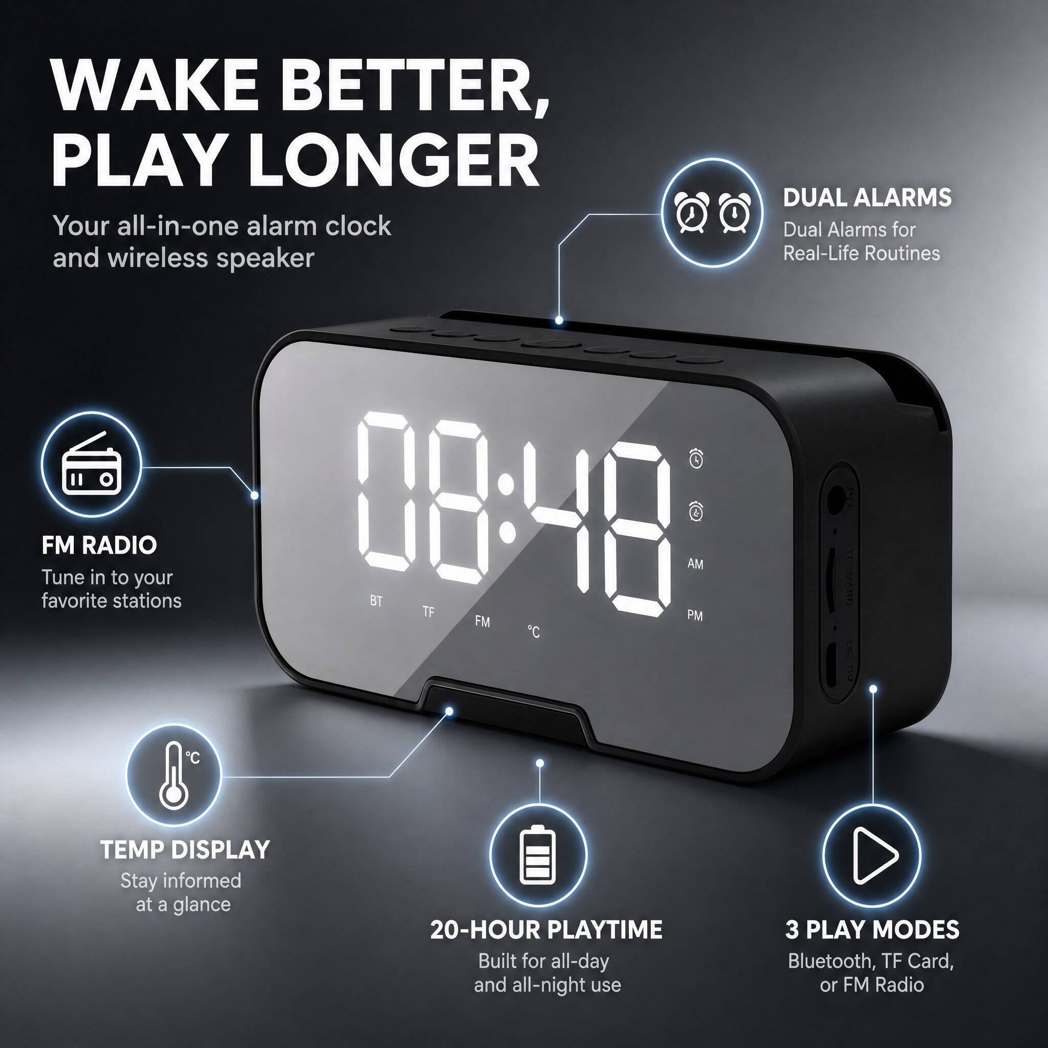 WAKE BETTER, PLAY LONGER

Your all-in-one alarm clock and wireless speaker

DUAL ALARMS
Dual Alarms for Real-Life Routines

FM RADIO
Tune in to your favorite stations

TEMP DISPLAY
Stay informed at a glance

20-HOUR PLAYTIME
Built for all-day and all-night use

3 PLAY MODES
Bluetooth, TF Card, or FM Radio