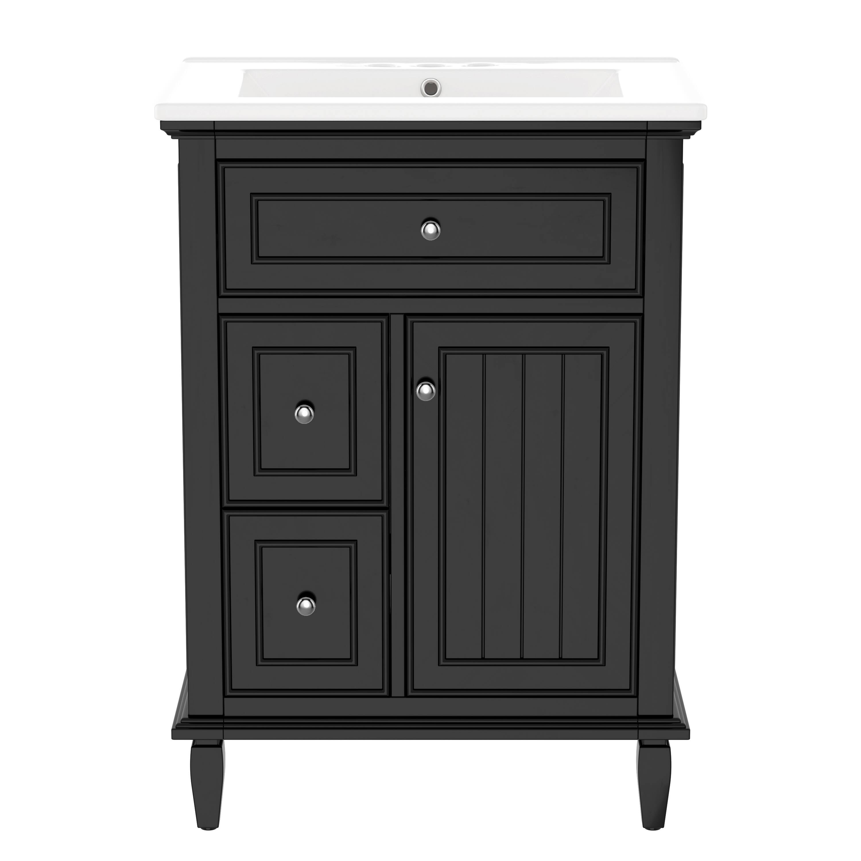 Alt View 1. Whisen - 24" Bathroom Vanity with Sink, Solid Wood & MDF Cabinet, Flip Drawer & 2 Drawers, Freestanding - Black.
