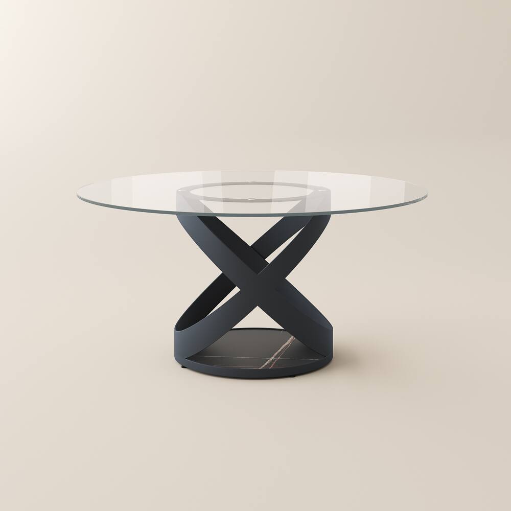 Alt View 8. POVISON - 59" Modern Glass Round Dining Table for 4, Clear Tempered Glass Circle Tabletop with Black X Carbon Steel Base - Clear Tempered Glass with Black.