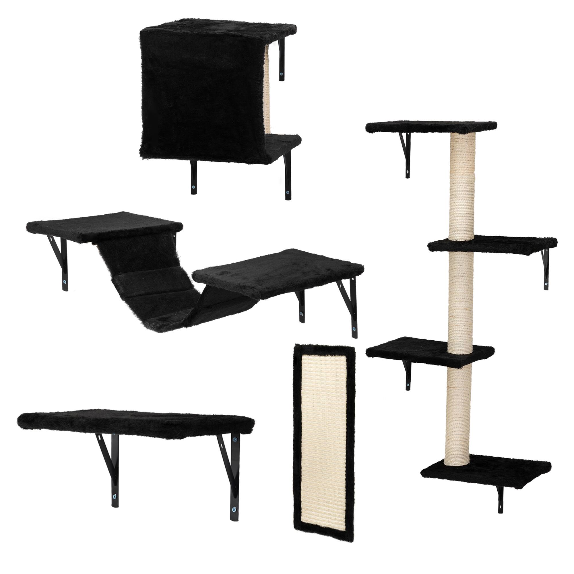 Front. TinyHomie - Cat Wall Shelves Wall-Mounted Cat Climber Set of 5 Floating Cat Perches Cat Furniture - Black.
