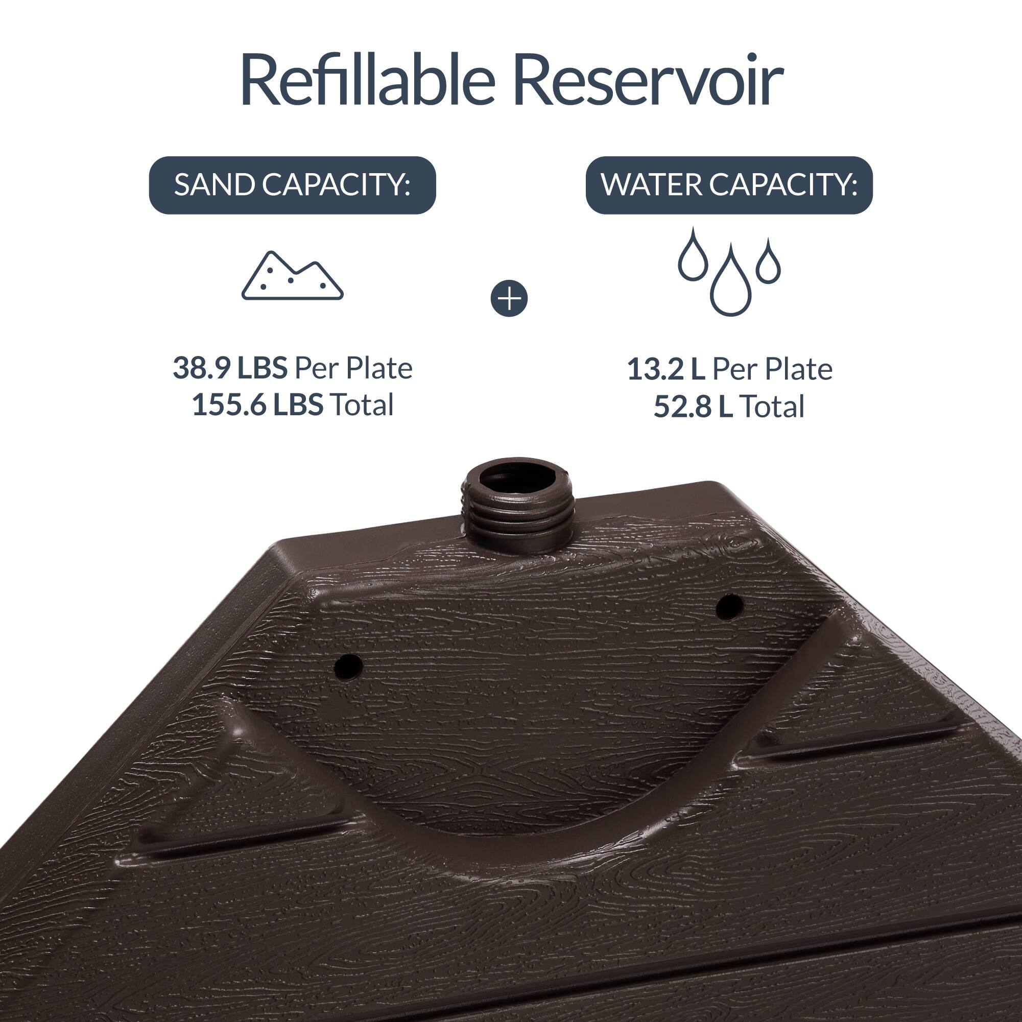Refillable Reservoir

SAND CAPACITY:
38.9 LBS Per Plate
155.6 LBS Total

WATER CAPACITY:
13.2 L Per Plate
52.8 L Total