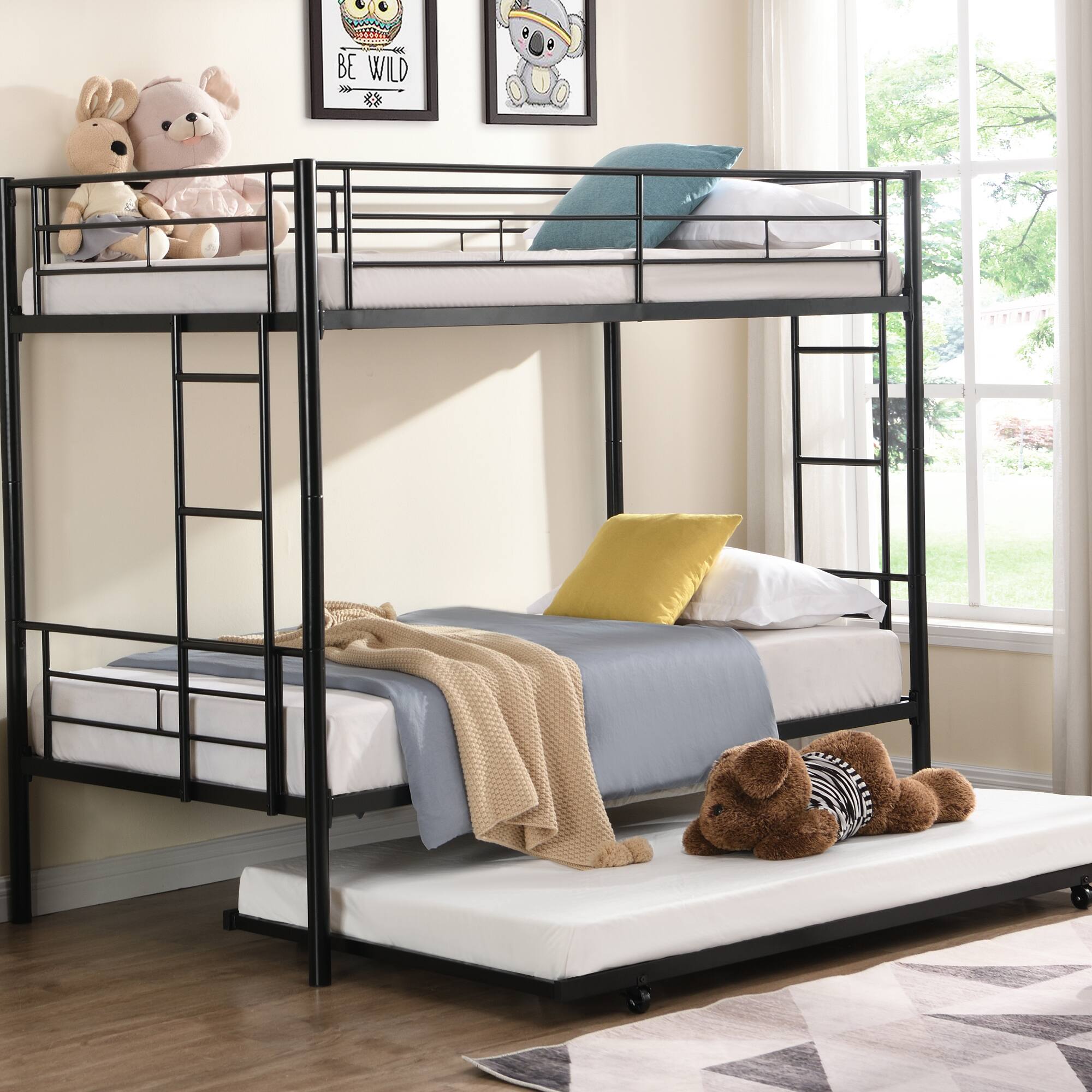 Alt View 2. GOODSILO - Space-Saving Twin Over Twin Metal Bunk Bed with Trundle for Kids and Teens Bedroom - Black.