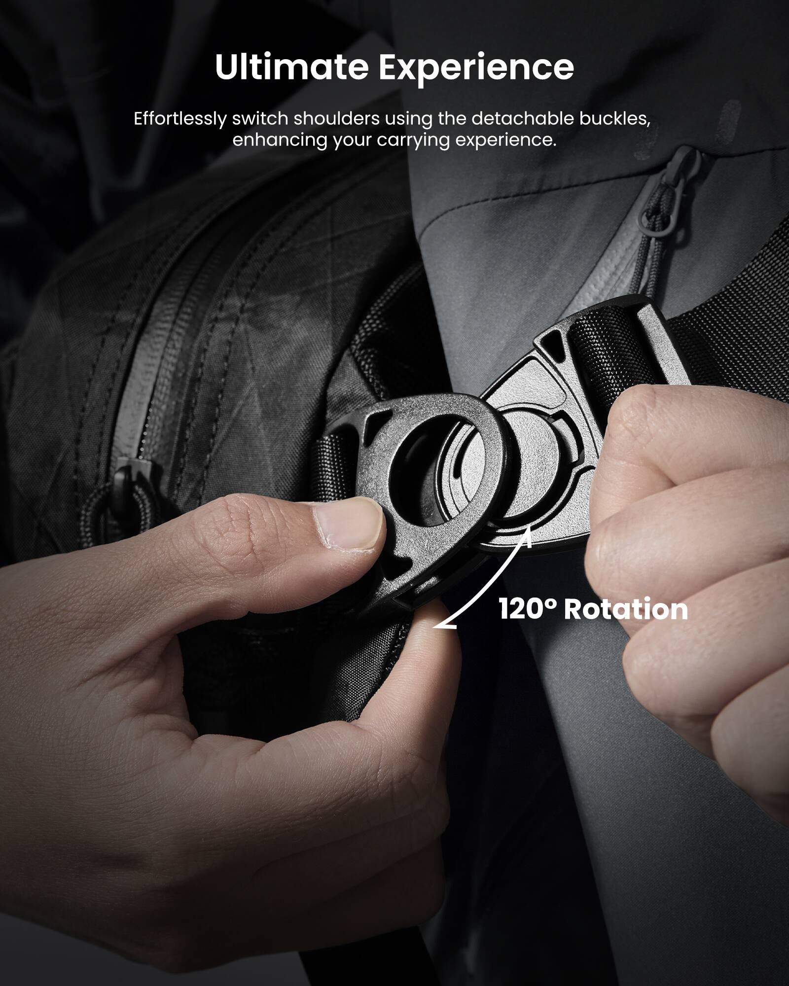 The text on the image reads: "Ultimate Experience Effortlessly switch shoulders using the detachable buckles, enhancing your carrying experience. 120 Rotation."
