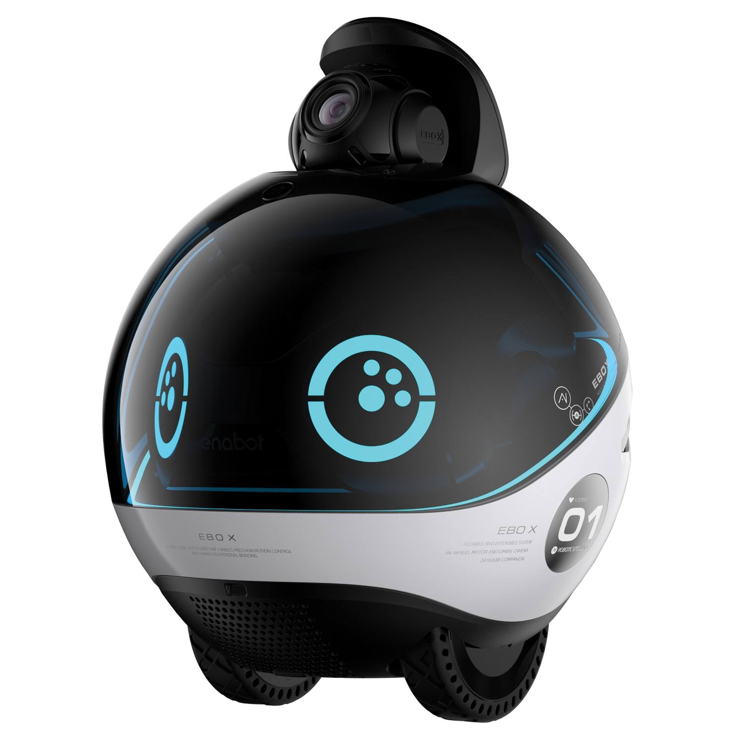 Sure, here is the corrected and grouped text from the image:

---

**EBO X**

**enabor**

**EBO X**

**01**

**EBO X**

**FLEXIBLE ROBOTIC VACUUM CLEANER**

**IN-WI-FI, AUTONOMO, INTELIGENTE, CONTROLADO POR APLICACIÓN**

**enabor**

**EBO X**

**01**

**EBO X**

**FLEXIBLE ROBOTIC VACUUM CLEANER**

**IN-WI-FI, AUTONOMO, INTELIGENTE, CONTROLADO POR APLICACIÓN**

**enabor**

**EBO X**

**01**

**EBO X**

**FLEXIBLE ROBOTIC VACUUM CLEANER**

**IN-WI-FI, AUTONOMO, INTELIGENTE, CONTROLADO POR APLICACIÓN**

---

This text is repeated multiple times on the device.