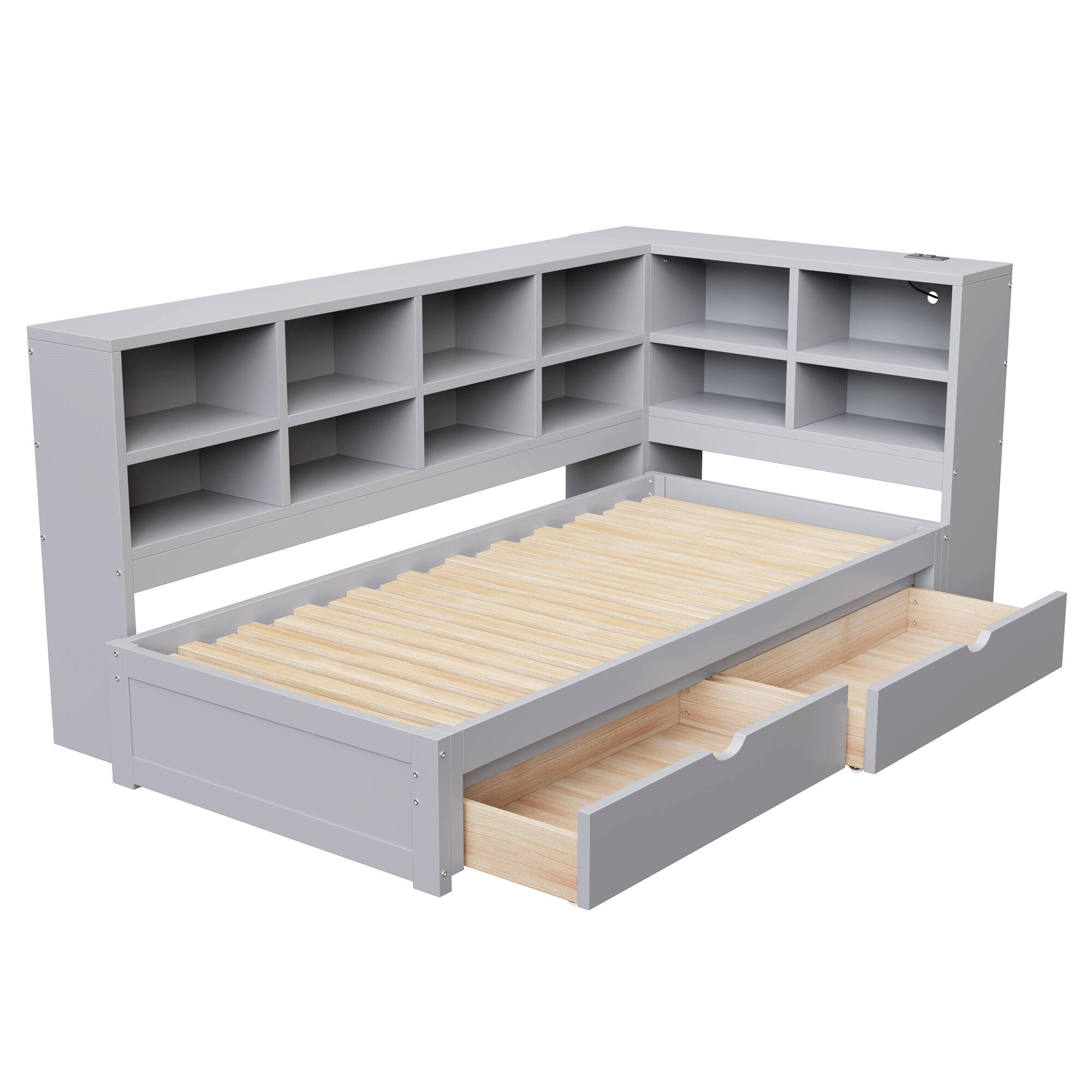 Back. Whisen - Twin XL to King Size Daybed with Two Storage Drawers, Storage Cabinets LED Light and USB Ports - Gray.