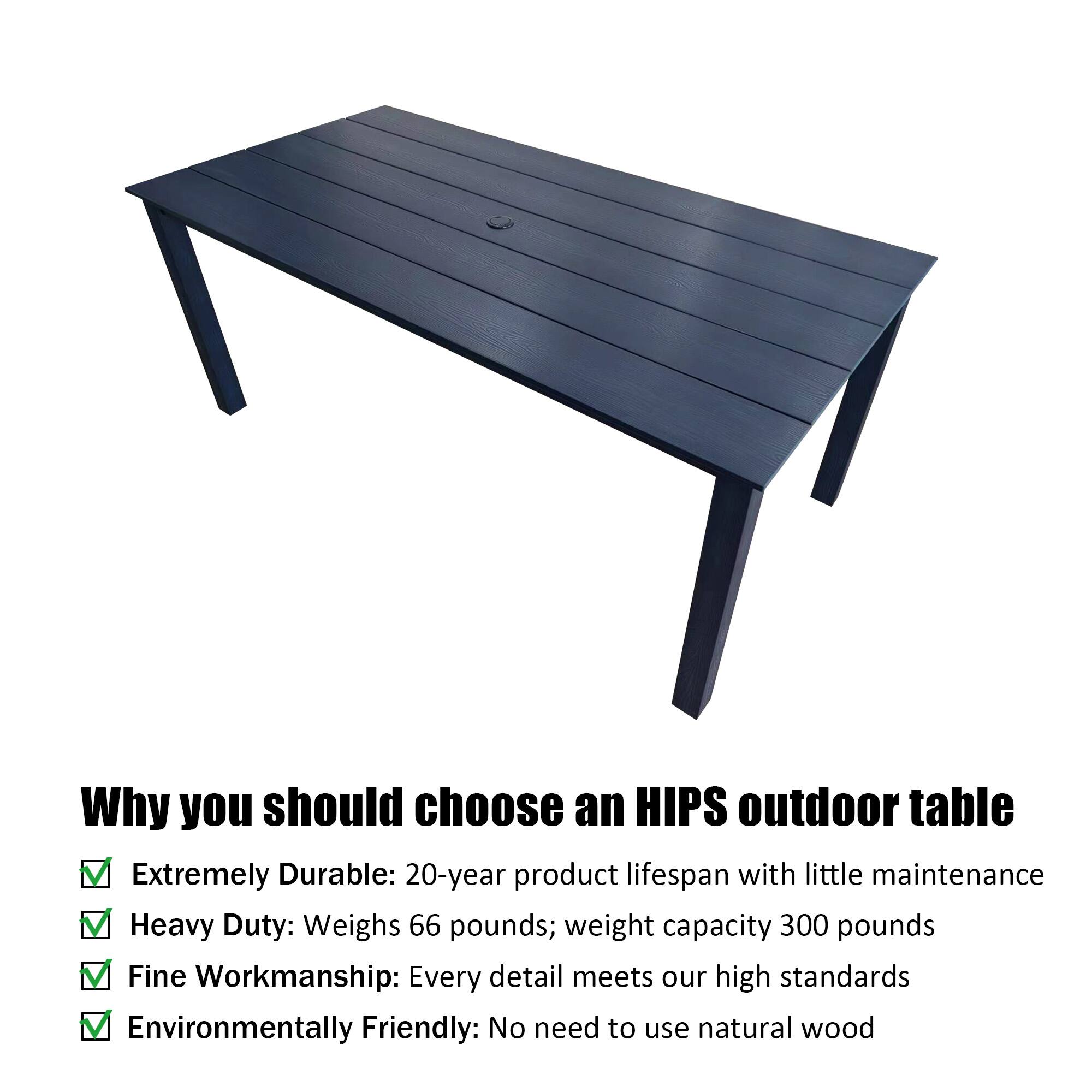Why you should choose an HIPS outdoor table

- Extremely Durable: 20-year product lifespan with little maintenance
- Heavy Duty: Weighs 66 pounds; weight capacity 300 pounds
- Fine Workmanship: Every detail meets our high standards
- Environmentally Friendly: No need to use natural wood