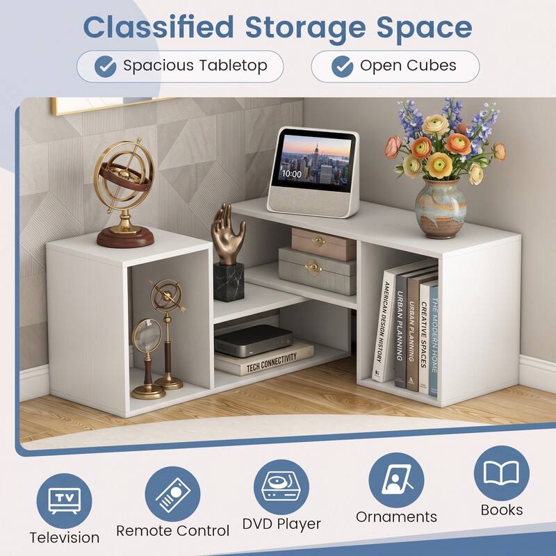 Classified Storage Space  
Spacious Tabletop  
Open Cubes  

10:00  

TECH CONNECTIVITY  
AMERICAN DESIGN HISTORY  
URBAN PLANNING  
CREATIVE SPACES  
THE MODERN HOME  

TV  
Remote Control  
DVD Player  
Ornaments  
Books