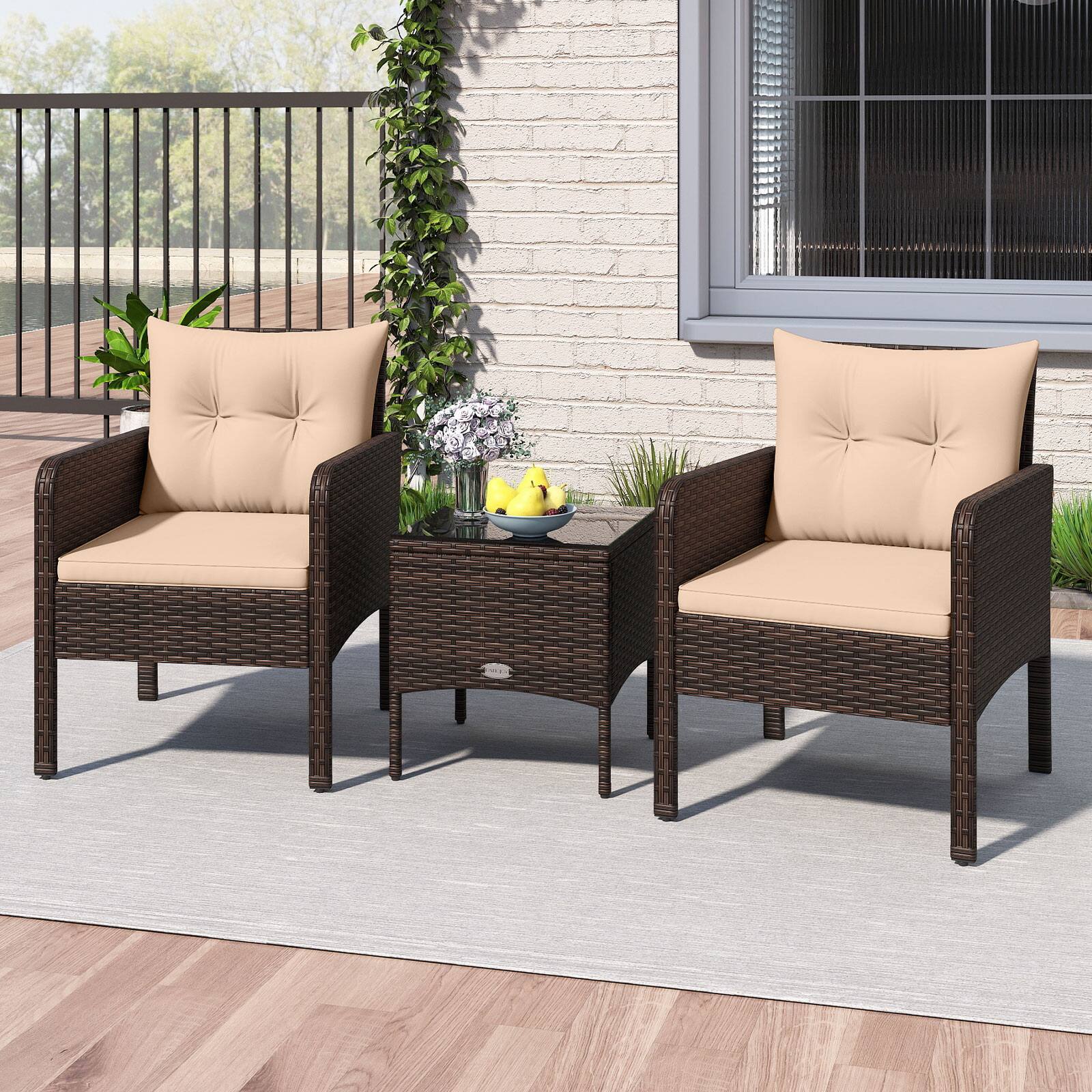 Alt View 1. Gymax - Gymax Set of 3 Outdoor Patio PE Wicker Furniture Set w/Cushions & Tempered Glass Coffee Table Beige - Beige.