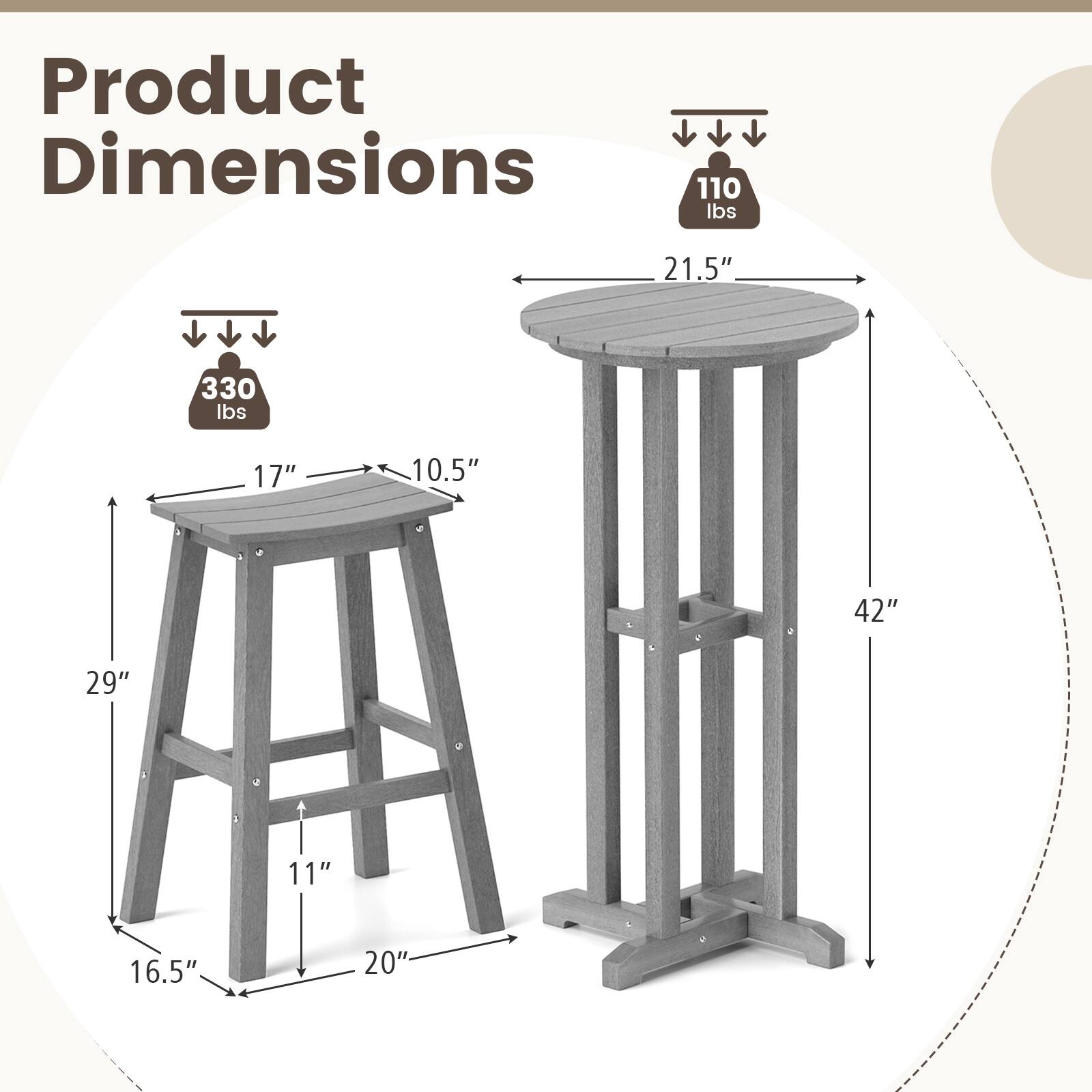 Product Dimensions: 110 lbs, 330 lbs, 42", 21.5", 17", 10.5", 29", 16.5", 11", 20"