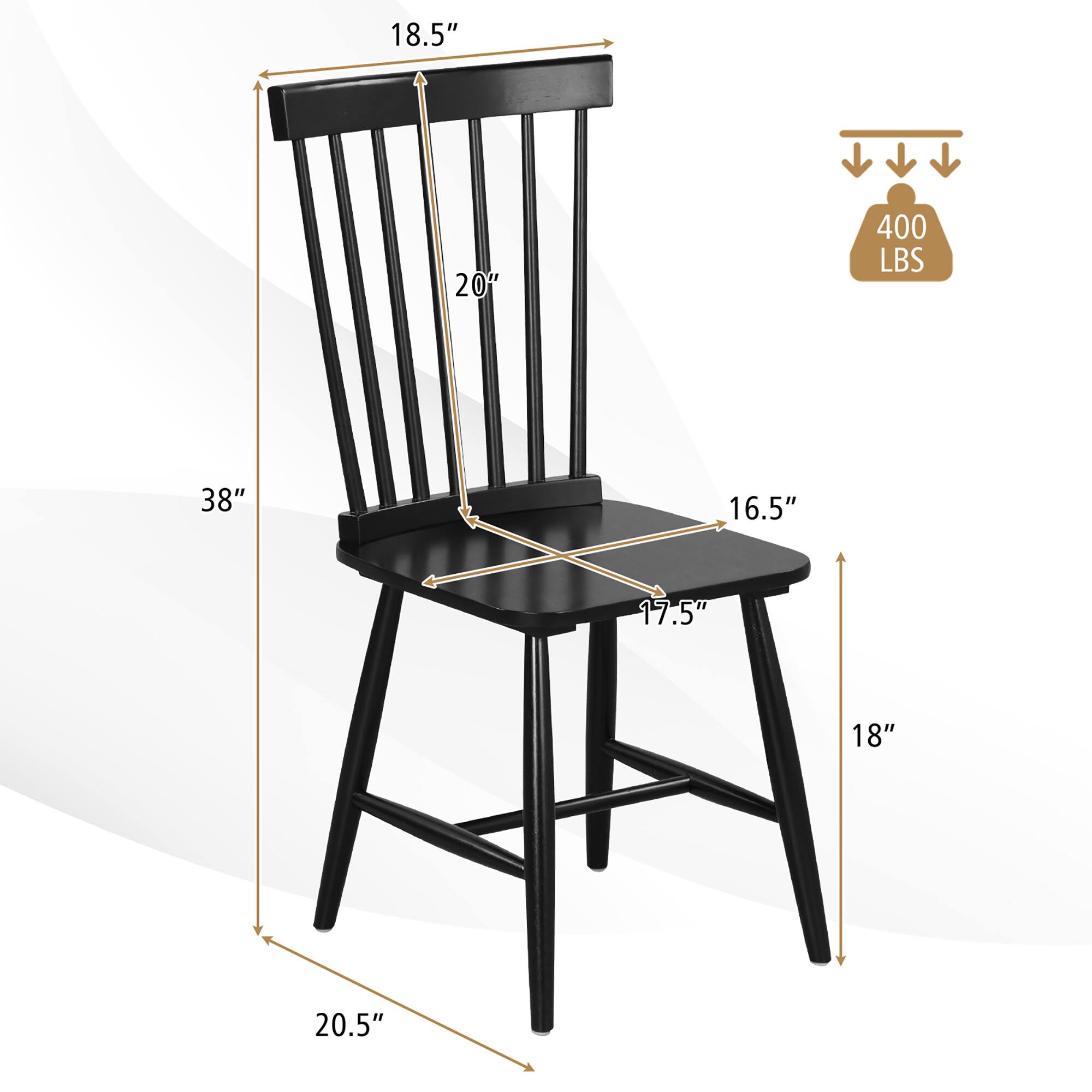 The dimensions and weight capacity of the chair are as follows:

- Height: 38"
- Seat height: 18"
- Seat depth: 16.5"
- Seat width: 18.5"
- Back height: 20"
- Back width: 20.5"
- Weight capacity: 400 LBS