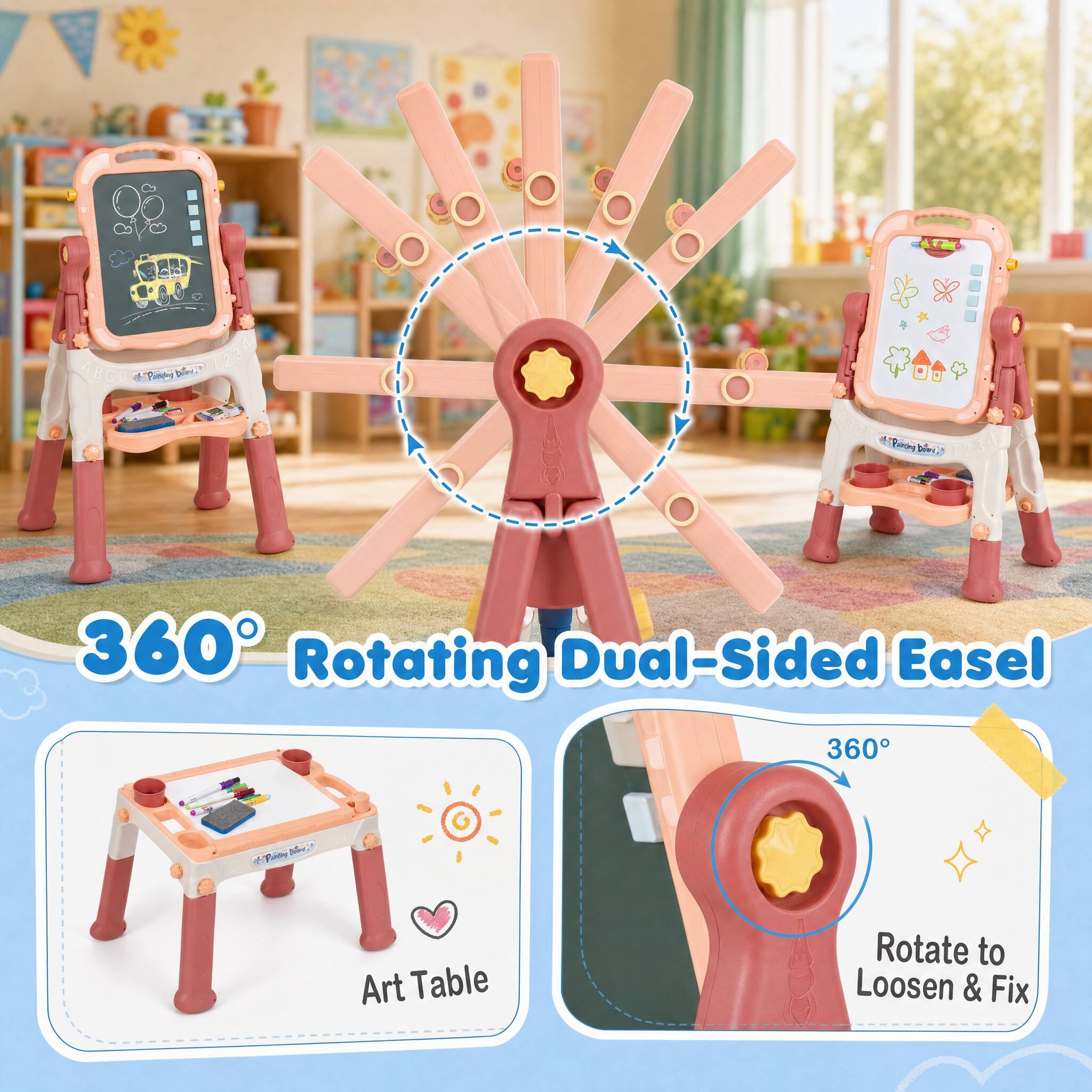 360° Rotating Dual-Sided Easel  
Funty Ford  
Art Table  
Rotate to Loosen & Fix