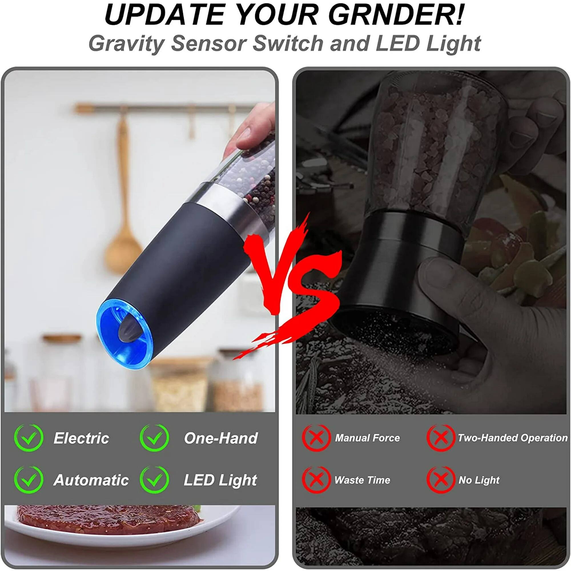 UPDATE YOUR GRNDER!  
Gravity Sensor Switch and LED Light  

Electric  
One-Hand  
Automatic  
LED Light  

VS  

Manual Force  
Two-Handed Operation  
Waste Time  
No Light
