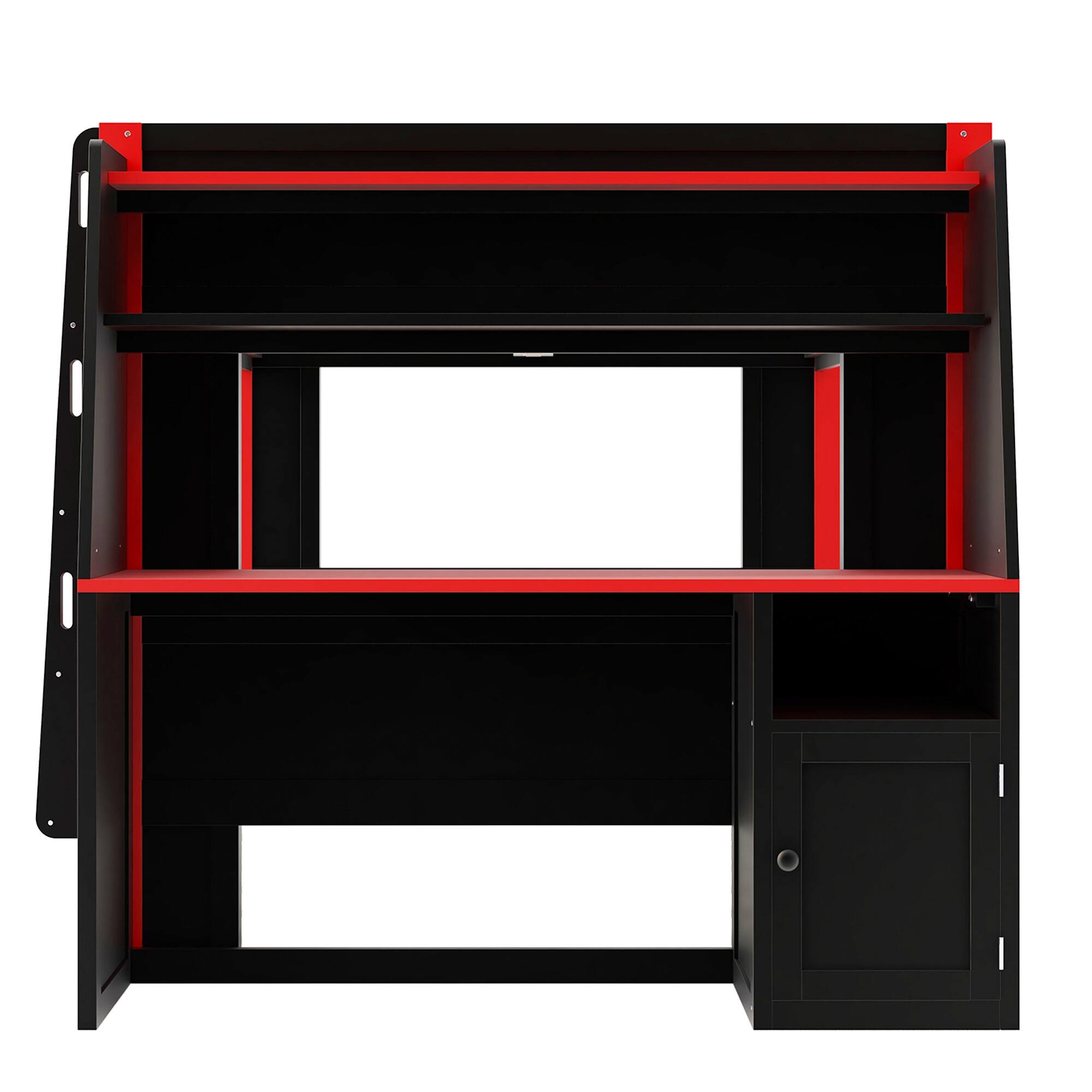 Alt View 1. Whisen - Full Size Multifunctional Bunk Bed with Trundle,LED Lights,Desk and Bookshelves-Red+Black - Black.