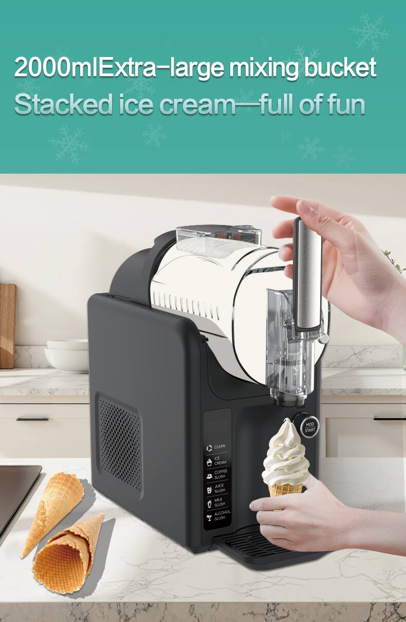 2000ml Extra-large mixing bucket  
Stacked ice cream—full of fun  

MOD START  
CLEAN  
ICE CREAM  
COFFEE SLUSH  
JUICE SLUSH  
MILK SLUSH  
ALCOHOL SLUSH
