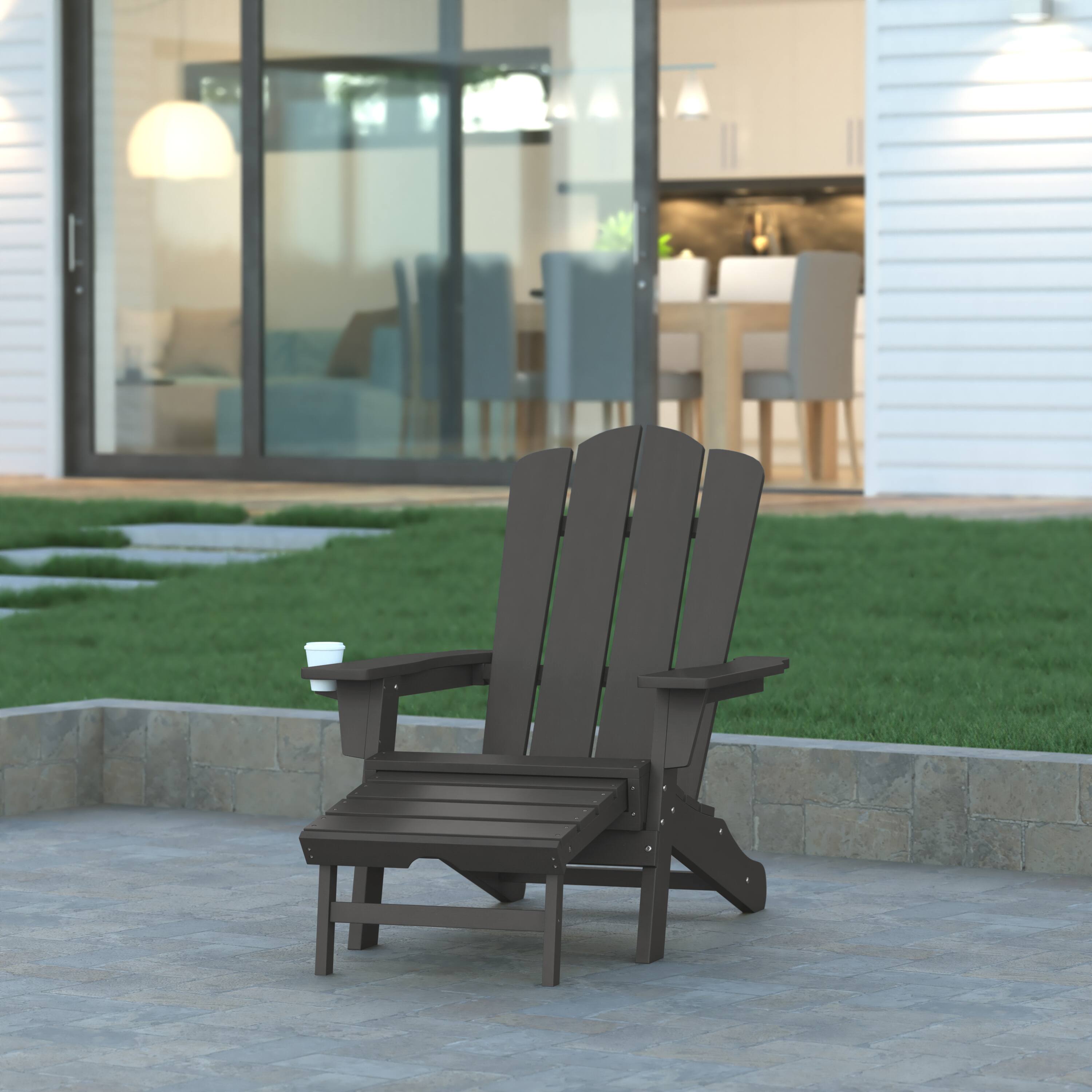 Alt View 1. Emma + Oliver - Tiverton Adirondack Chair with Cup Holder and Pull Out Ottoman, All-Weather HDPE Indoor/Outdoor Lounge Chair - Gray.