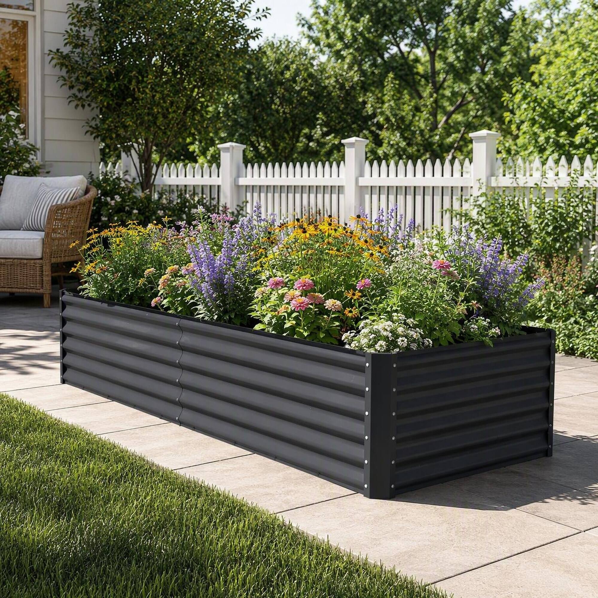 Back. RYHNUYNE - 8x4x1.5 ft Galvanized Raised Garden Bed, Dark Grey Large Metal Planter Box for Vegetables, Herbs, and Flowers - Dark Gray.