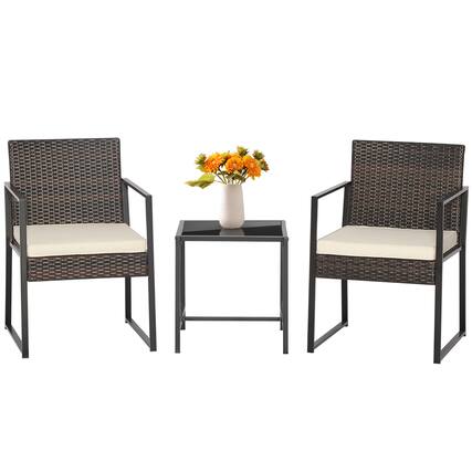 Front. Costway - Costway 3pcs Patio Furniture Set Heavy Duty Cushioned Wicker Rattan Chairs Table - Mix Brown,Off White.