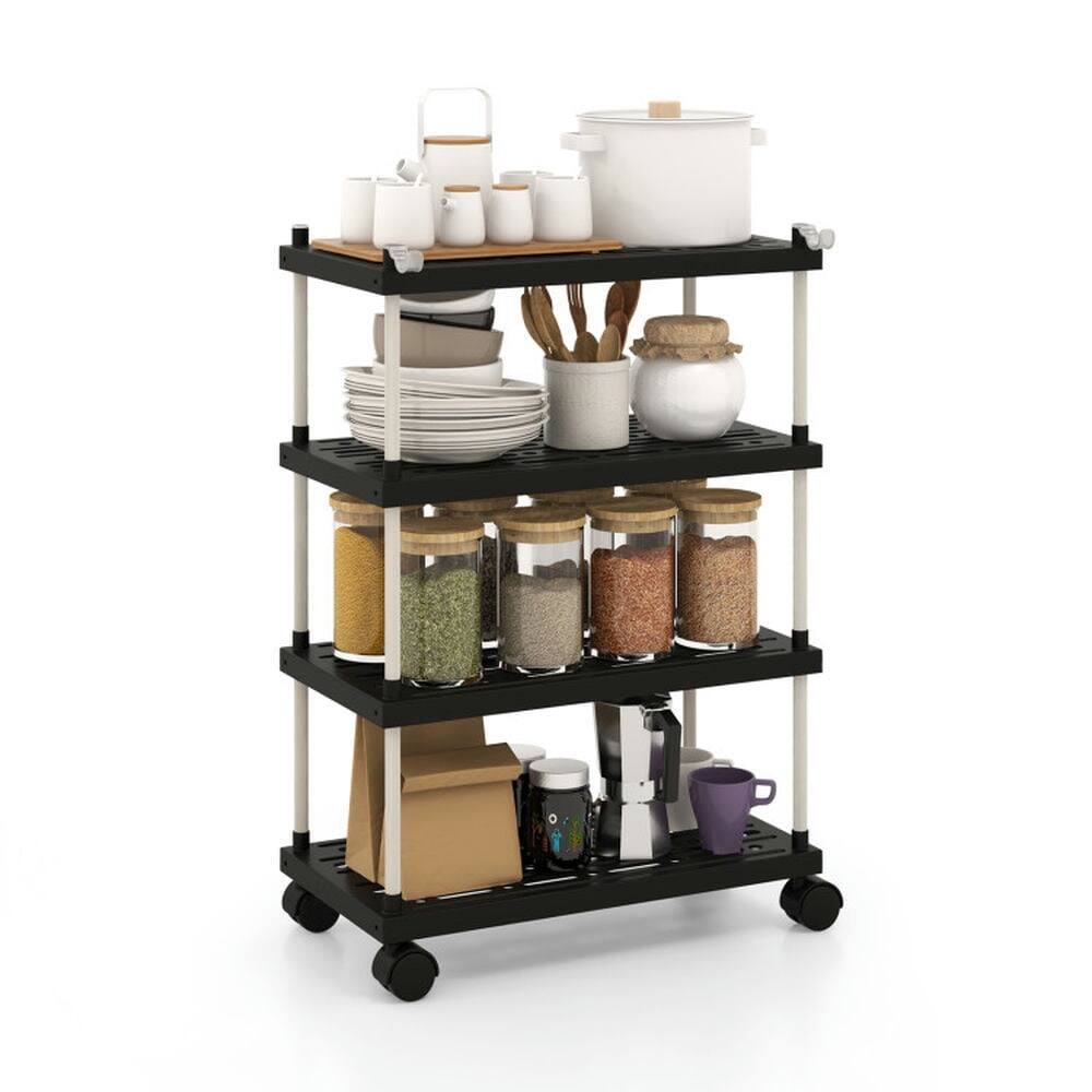 Angle. Kadyn - 4-Tier Kitchen Slim Storage Cart with Lockable Wheels-Black, Kitchen Island, Island Table for Kitchen,Dinning Room - Black.