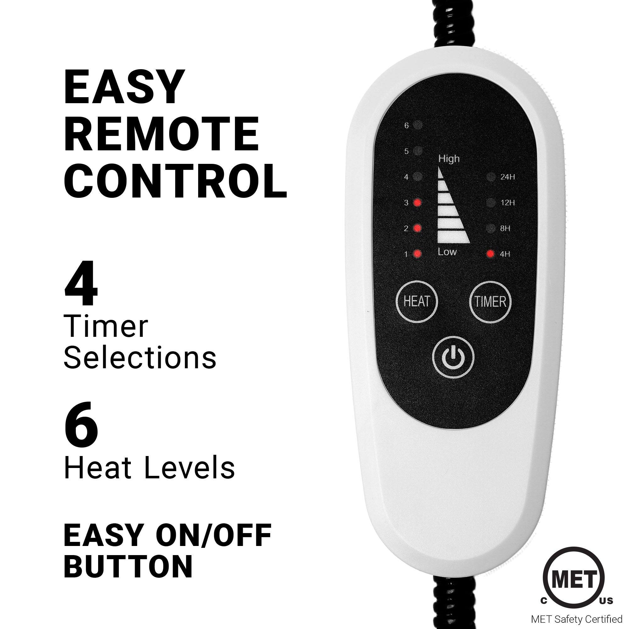 EASY REMOTE CONTROL

4 Timer Selections
6 Heat Levels

EASY ON/OFF BUTTON

MET Safety Certified
