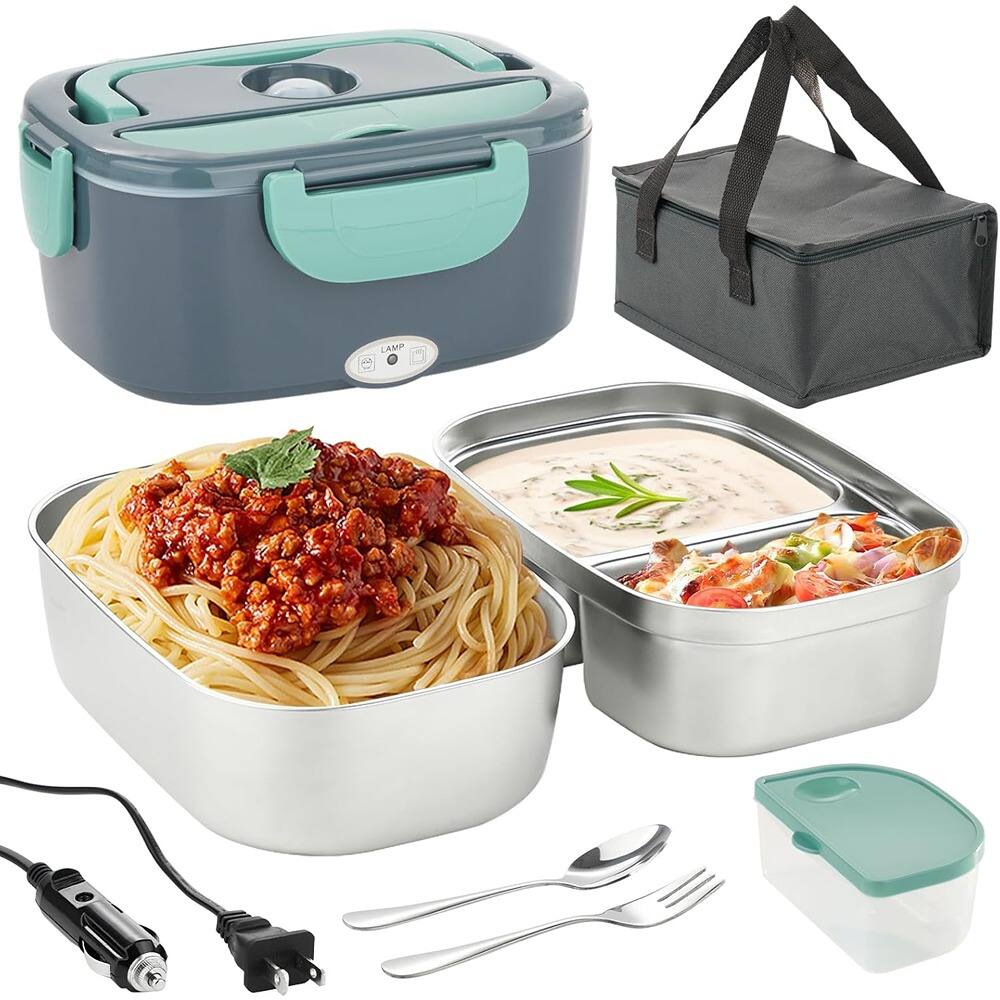 Front. RTMB - Electric Heated Lunch Box – Dual 1.5L 304 Stainless Containers, Portable - green.