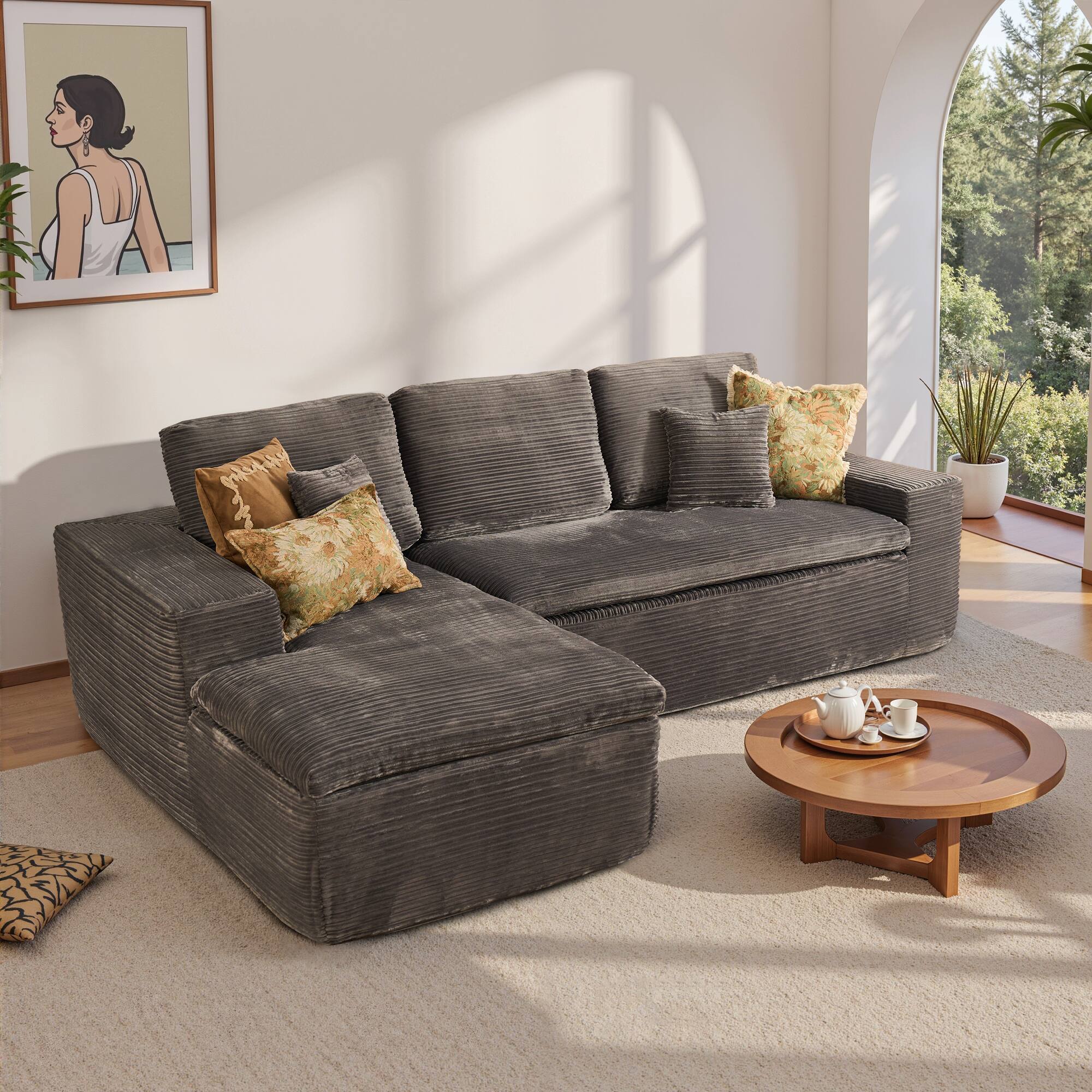 Ovios - 2 Pieces Cloud Like Sectional Sofa, L-Shaped Couch with Chaise for Living Room - Grey(Corduroy, Left Facing)