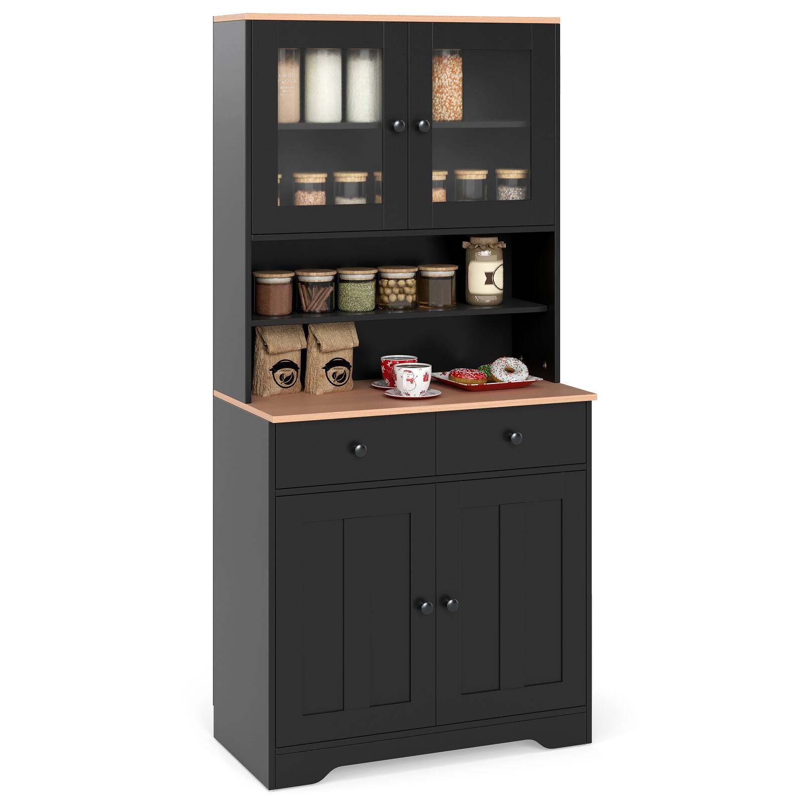 Gymax - Pantry Cabinet 67'' Tall Kitchen Floor Cabinet w/ 2 Removable Shelves 2 Drawers - Black