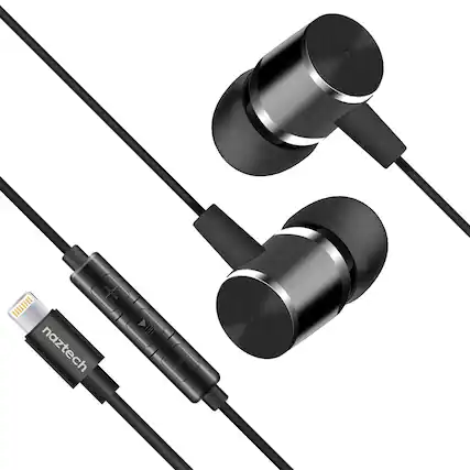 Front. Naztech - Platinum MFi Lightning Wired In-Ear Earphones, In-Line Mic/Remote, Hi-Res Digital Audio for Apple - Black.