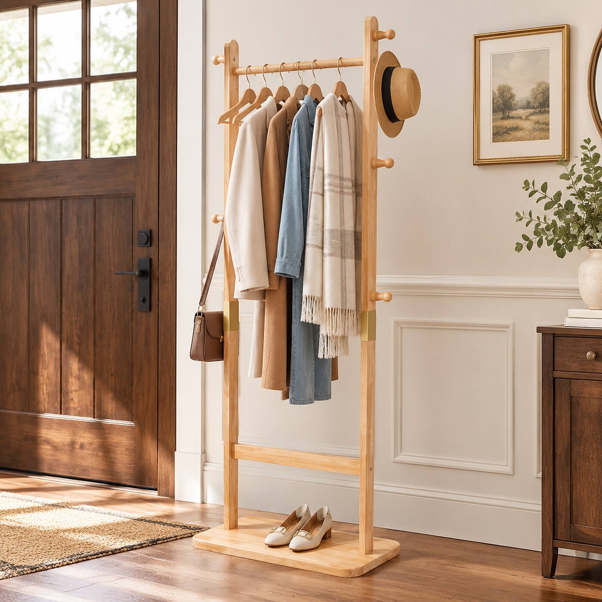 RYHNUYNE Solid Wood Coat Stand, 23.6 x 11 x 71 in, Natural Finish ...
