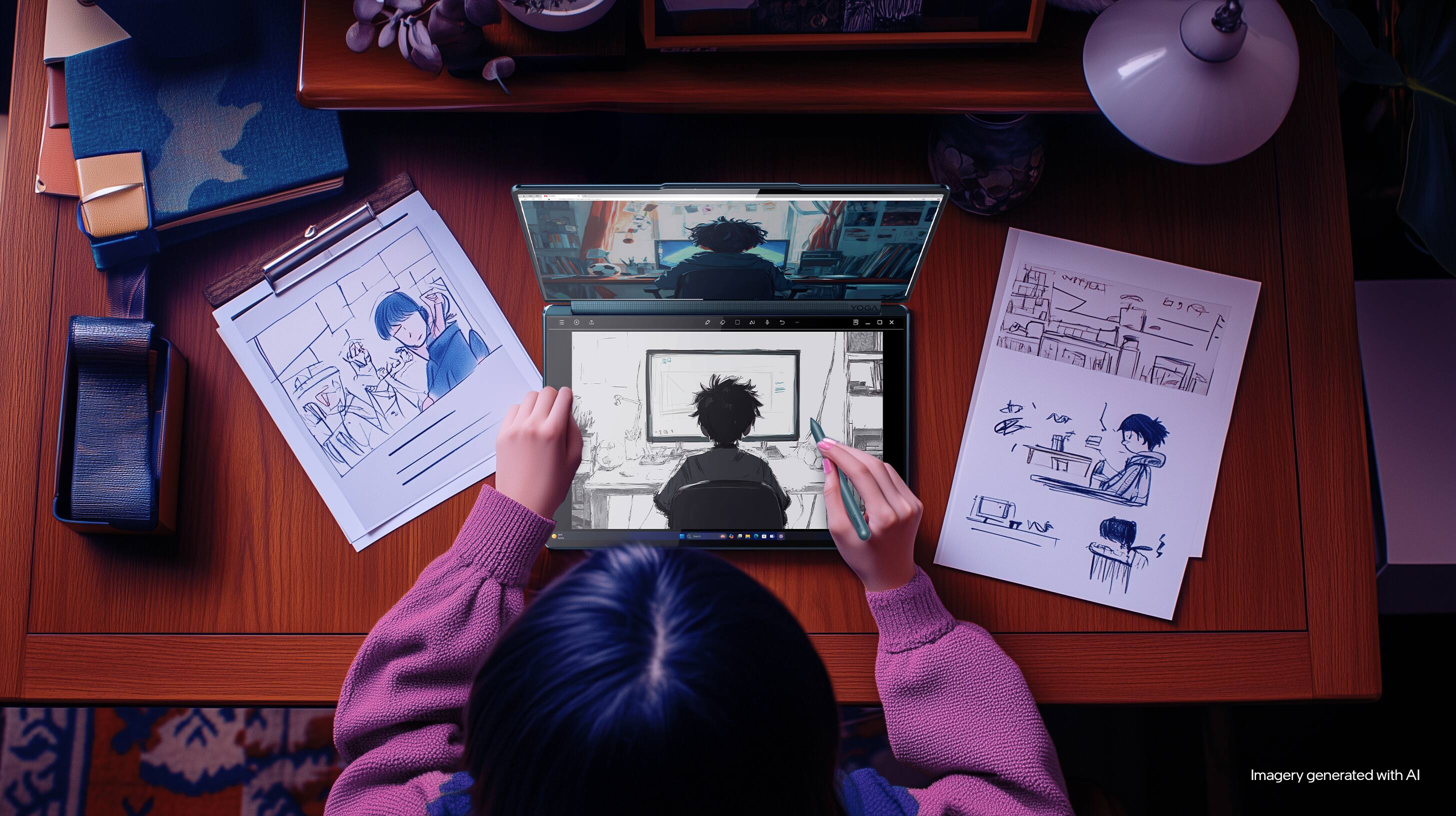 The image shows a person sitting at a desk, working on a laptop. The laptop is open and displaying a picture of a man on the screen. The person is using a pencil to draw on a piece of paper, possibly creating a comic strip. The desk is cluttered with various items, including a cell phone, a cup, and a book. The scene suggests that the person is engaged in a creative project, combining digital and traditional artistic methods.