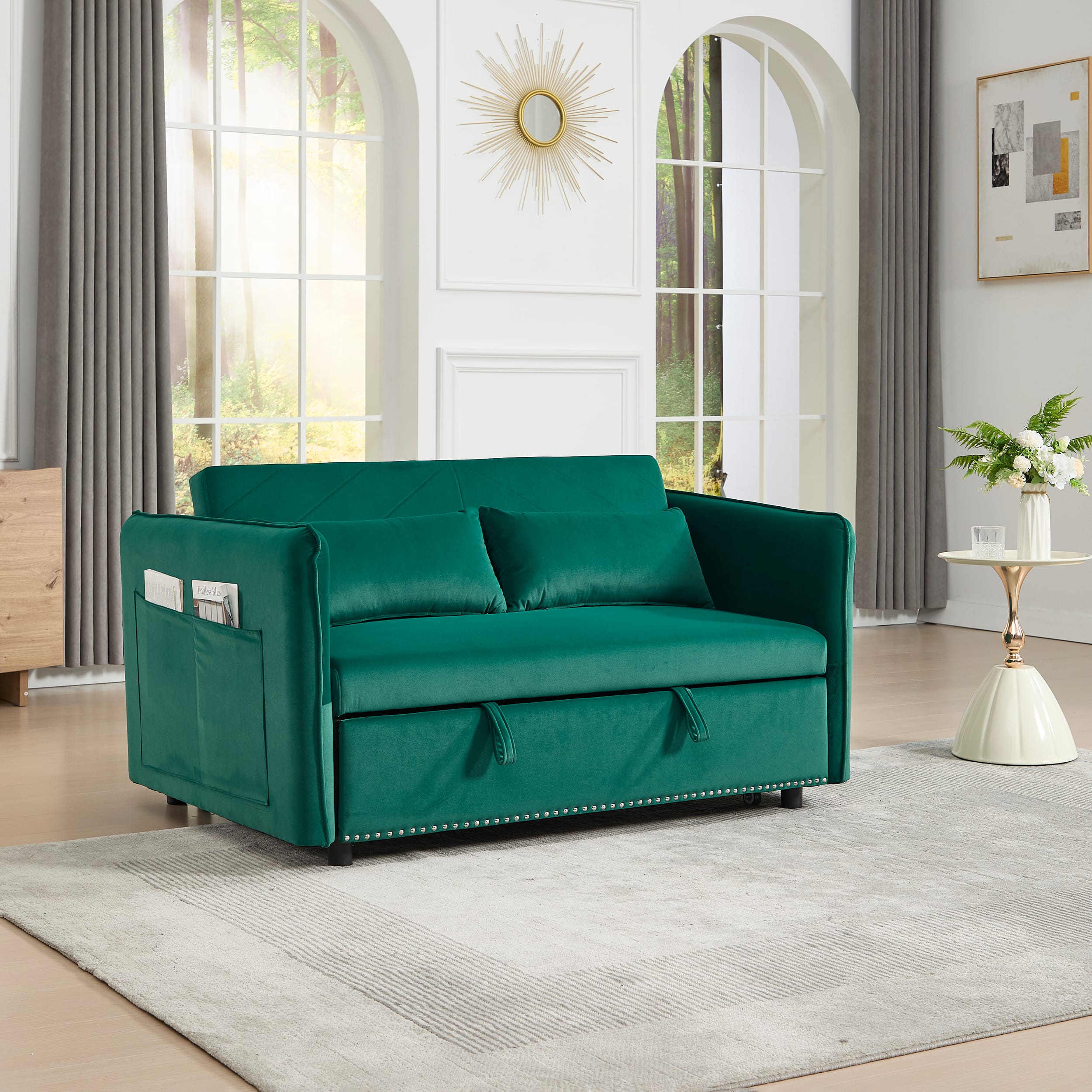 Photos - Sofa Sleeper Tiramisubest - 3 in 1 Convertible  Futon  Bed,55" Velvet Loveseat with 2 Pillows,Reclining Backrest & Side Pocket 